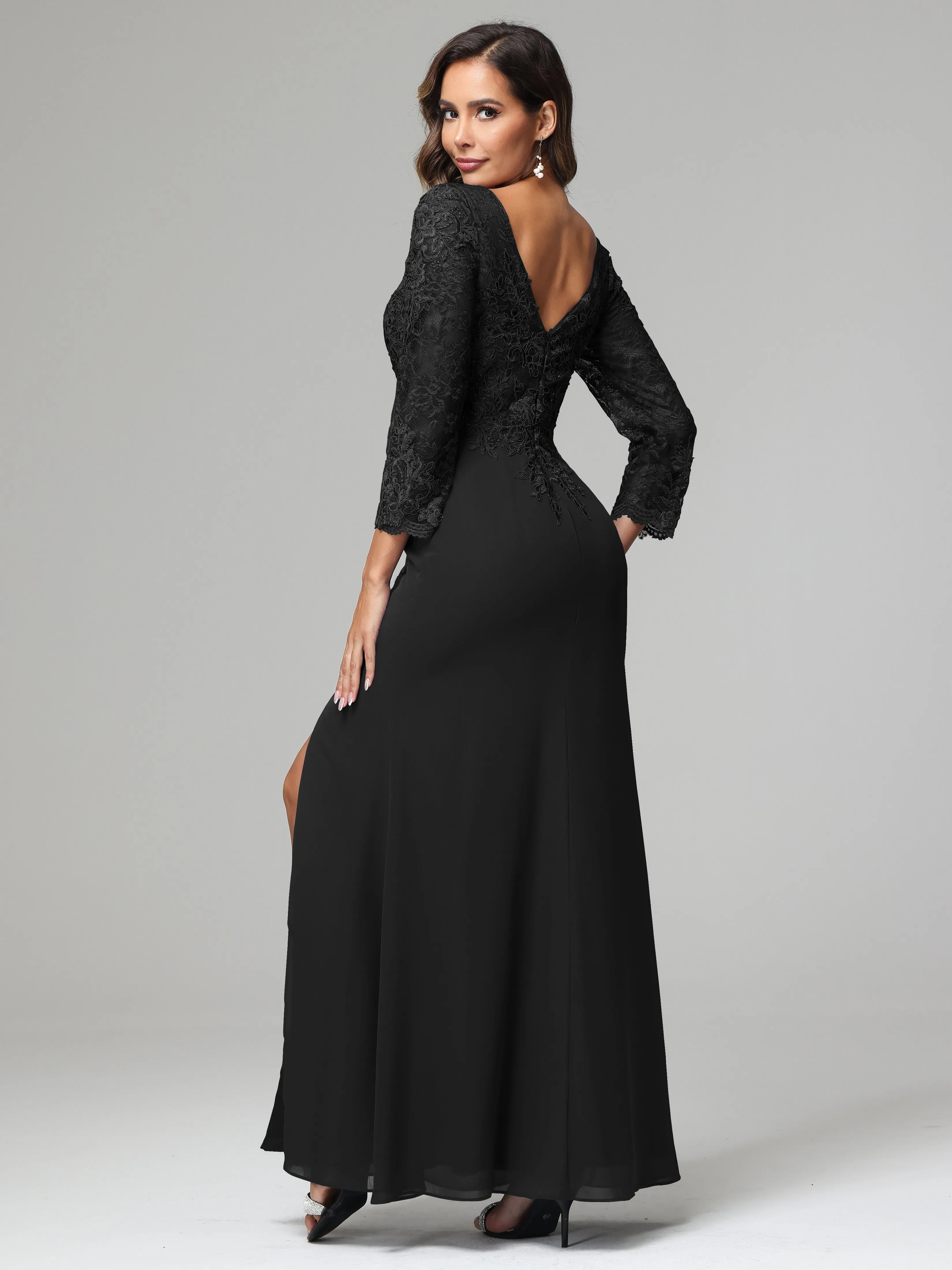 Long Sleeves Floor Length Chiffon Lace Mother Of The Bride Dress