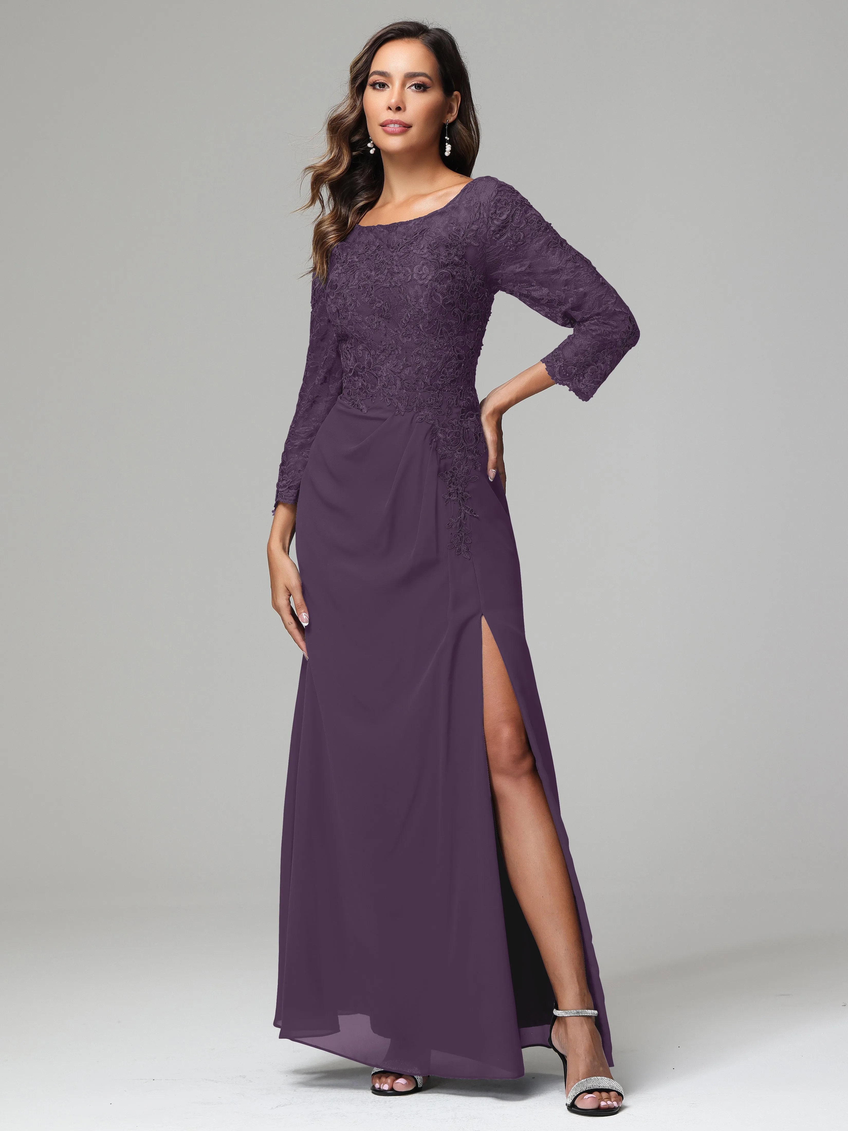 Long Sleeves Floor Length Chiffon Lace Mother Of The Bride Dress