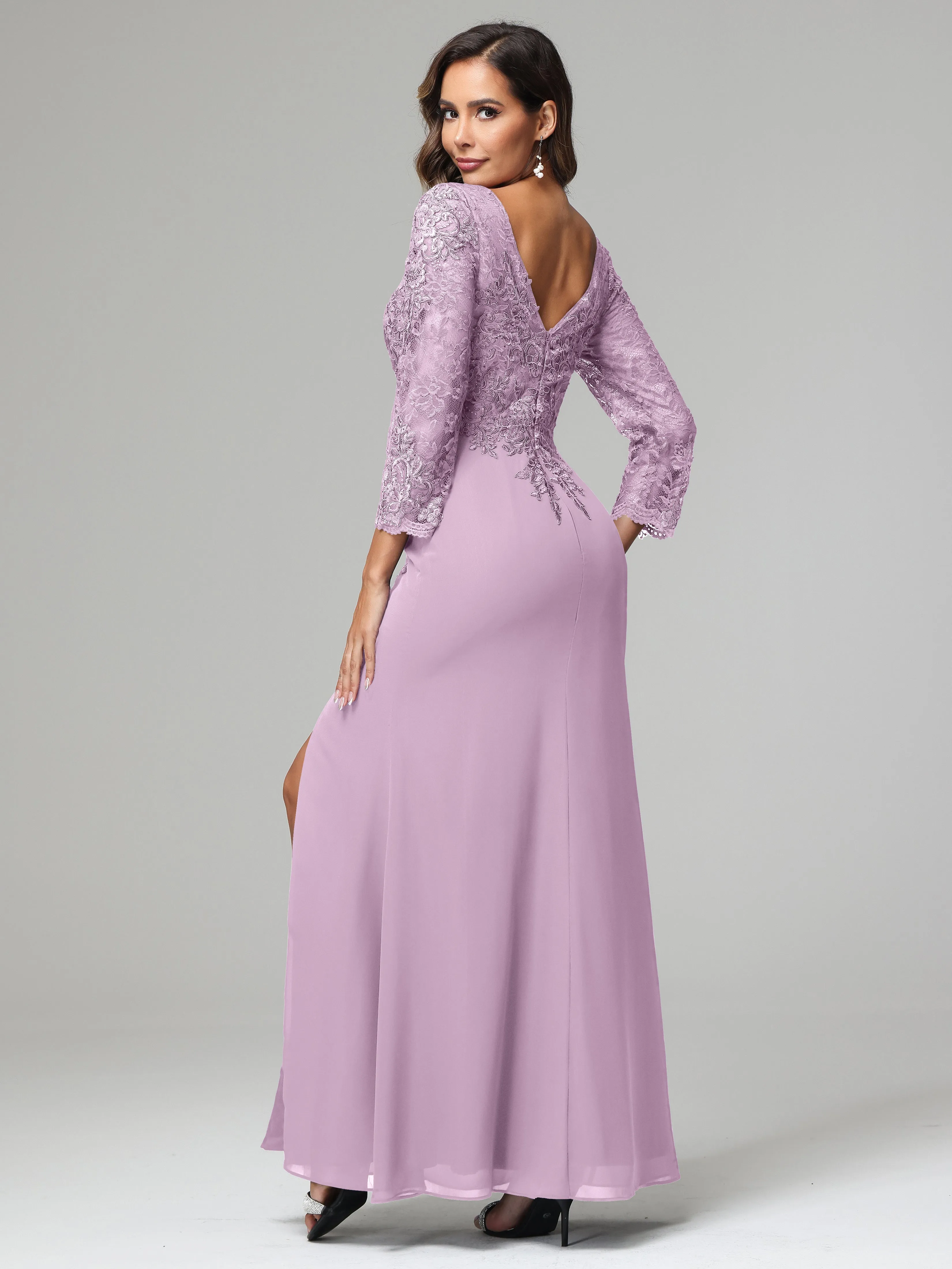 Long Sleeves Floor Length Chiffon Lace Mother Of The Bride Dress