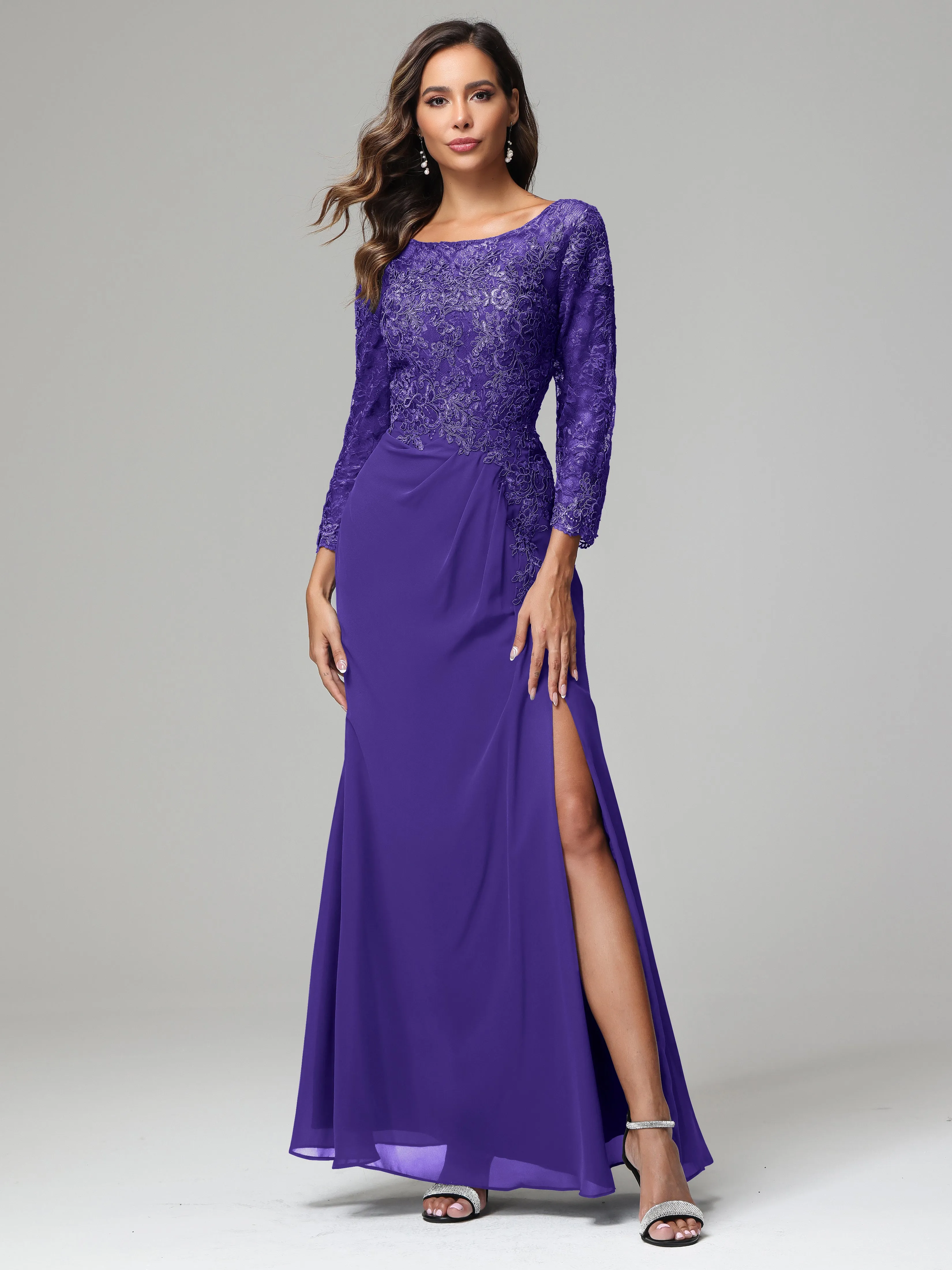 Long Sleeves Floor Length Chiffon Lace Mother Of The Bride Dress