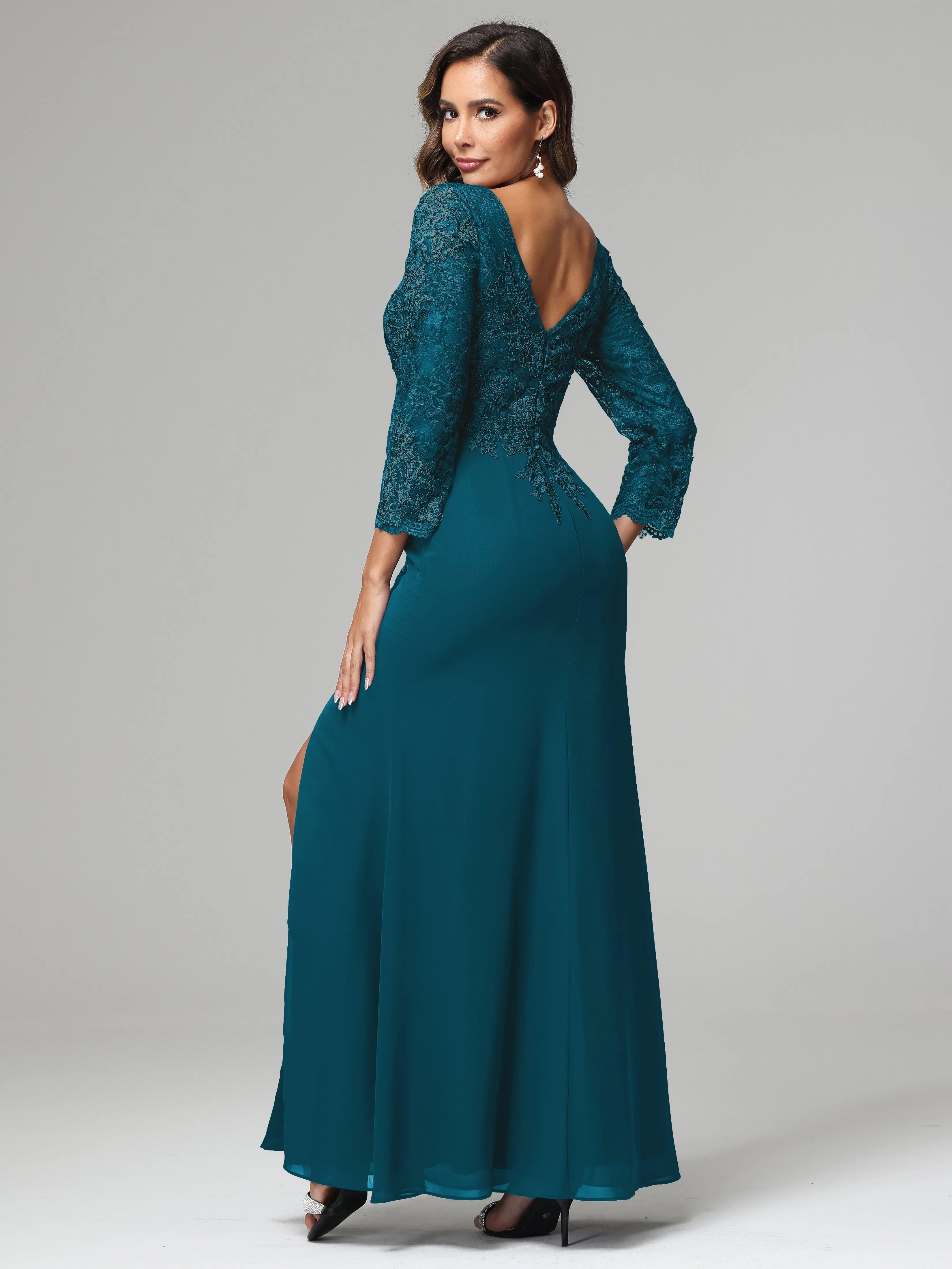 Long Sleeves Floor Length Chiffon Lace Mother Of The Bride Dress