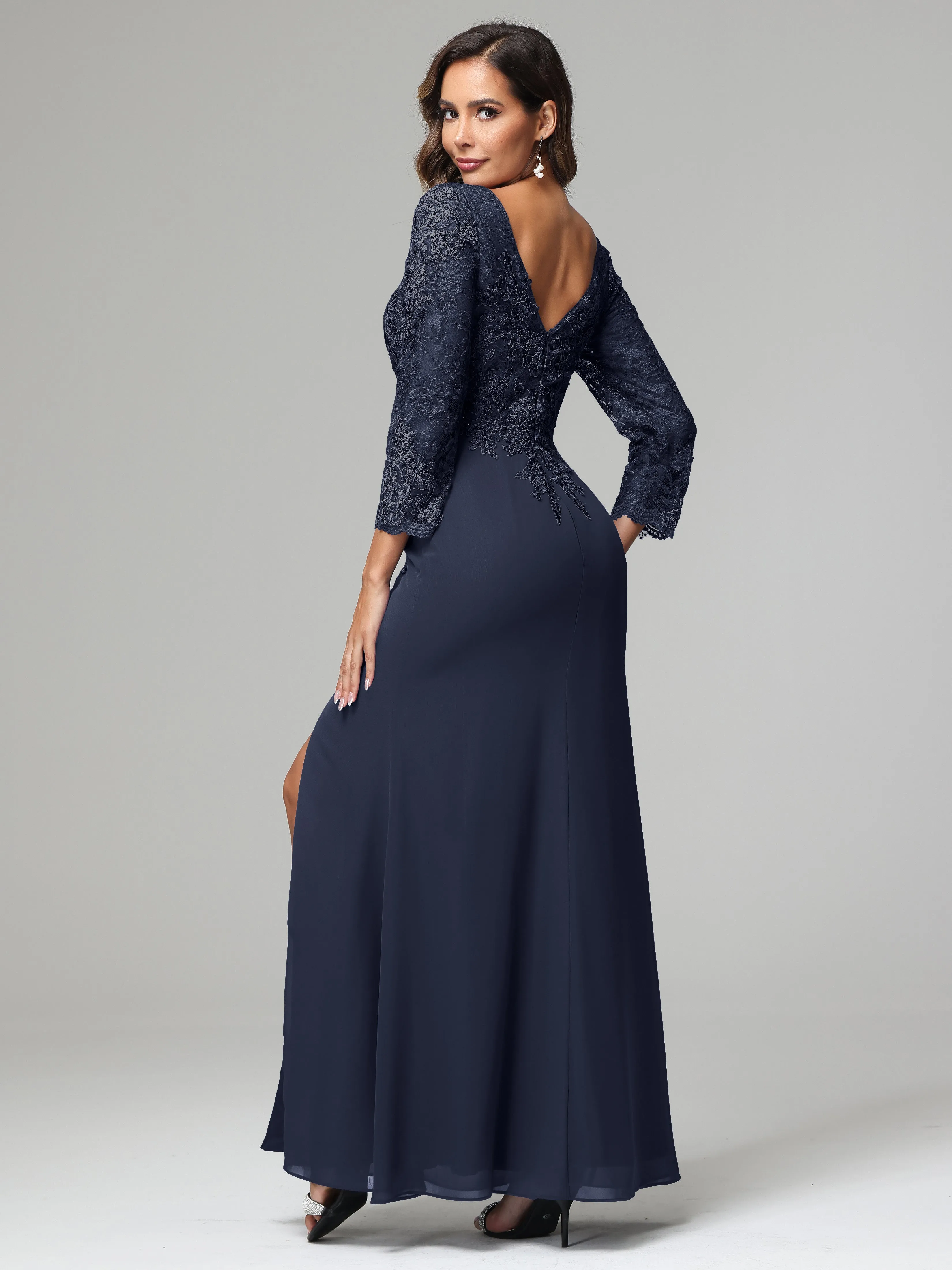 Long Sleeves Floor Length Chiffon Lace Mother Of The Bride Dress