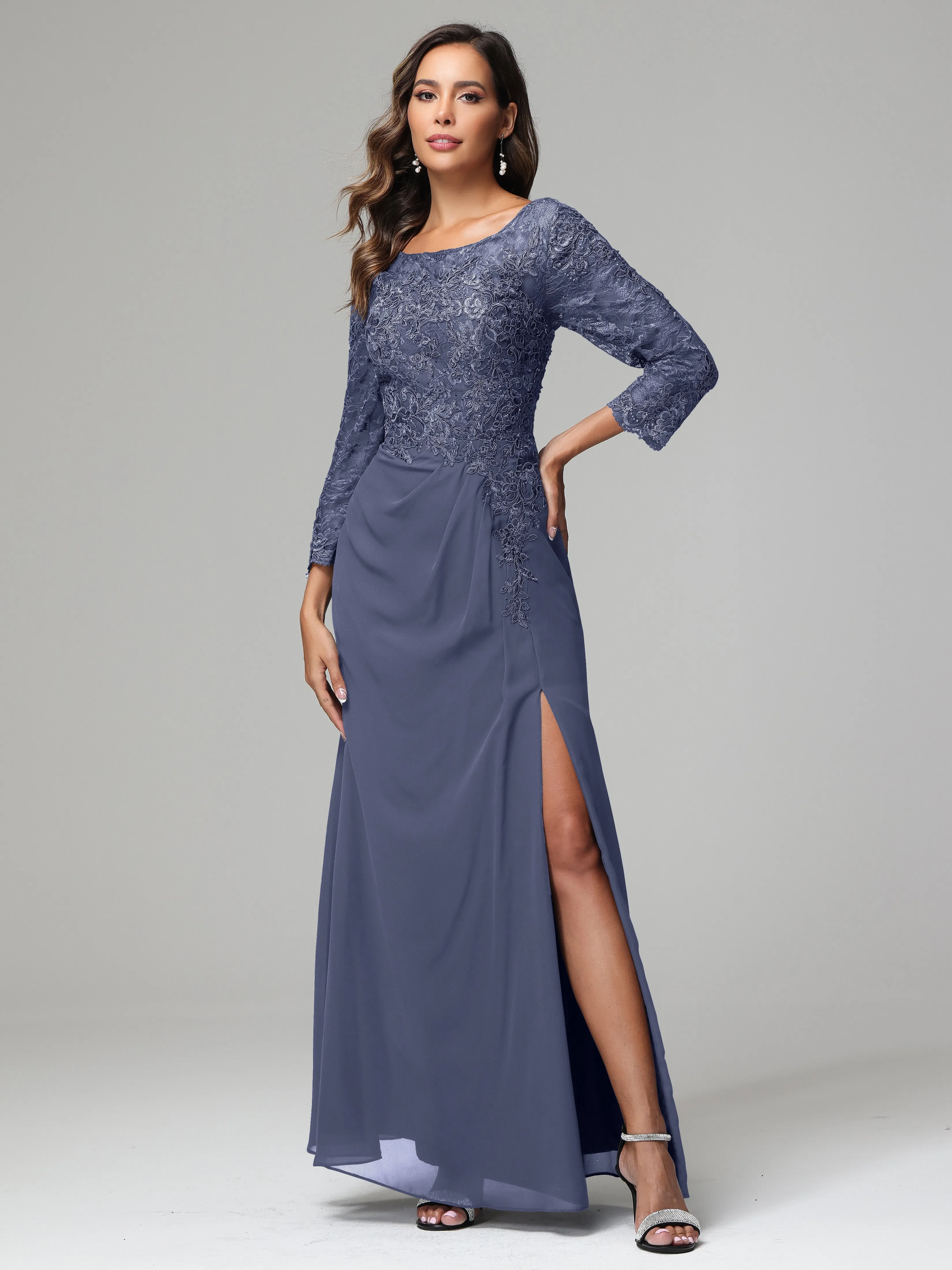 Long Sleeves Floor Length Chiffon Lace Mother Of The Bride Dress