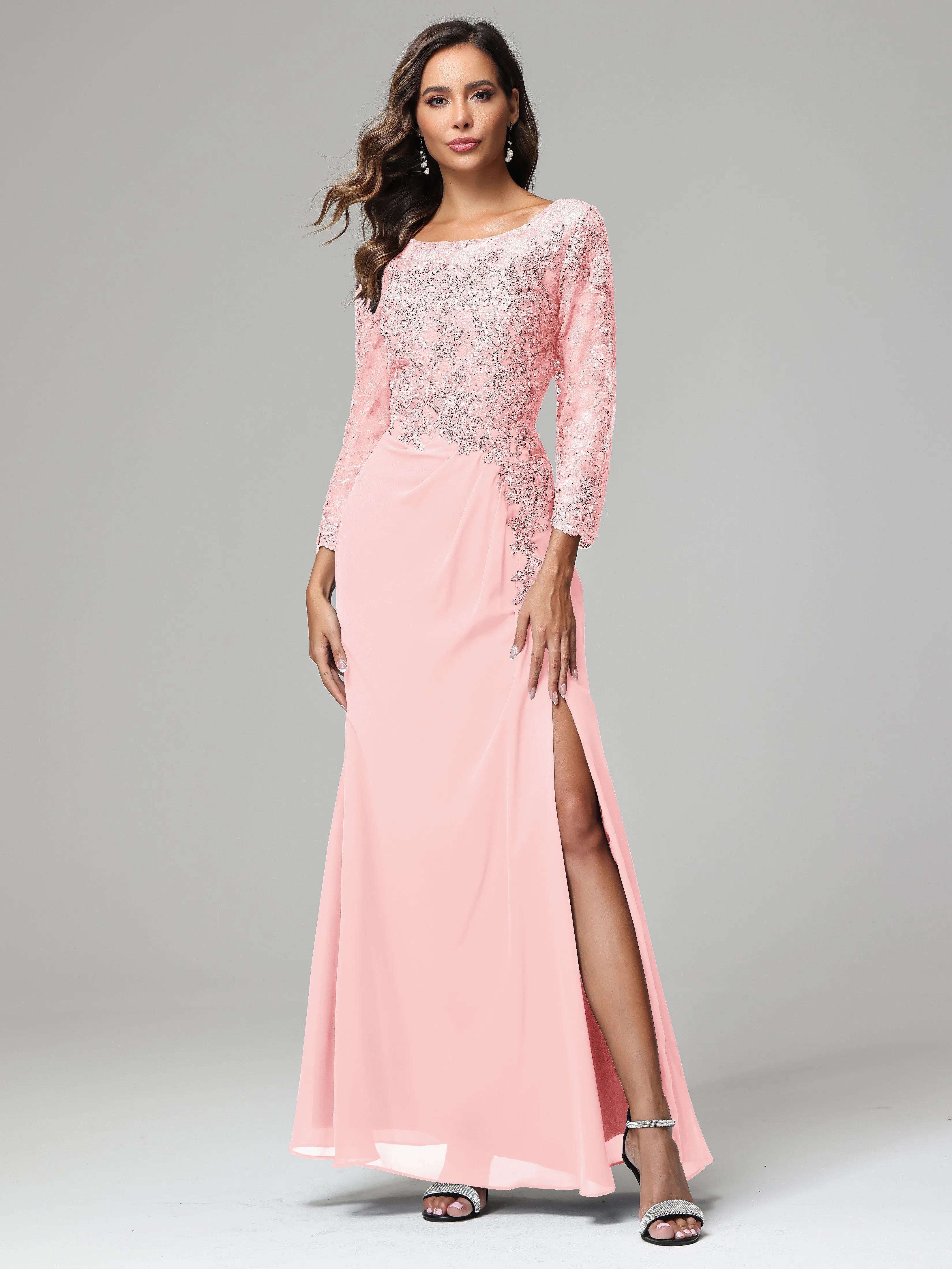 Long Sleeves Floor Length Chiffon Lace Mother Of The Bride Dress