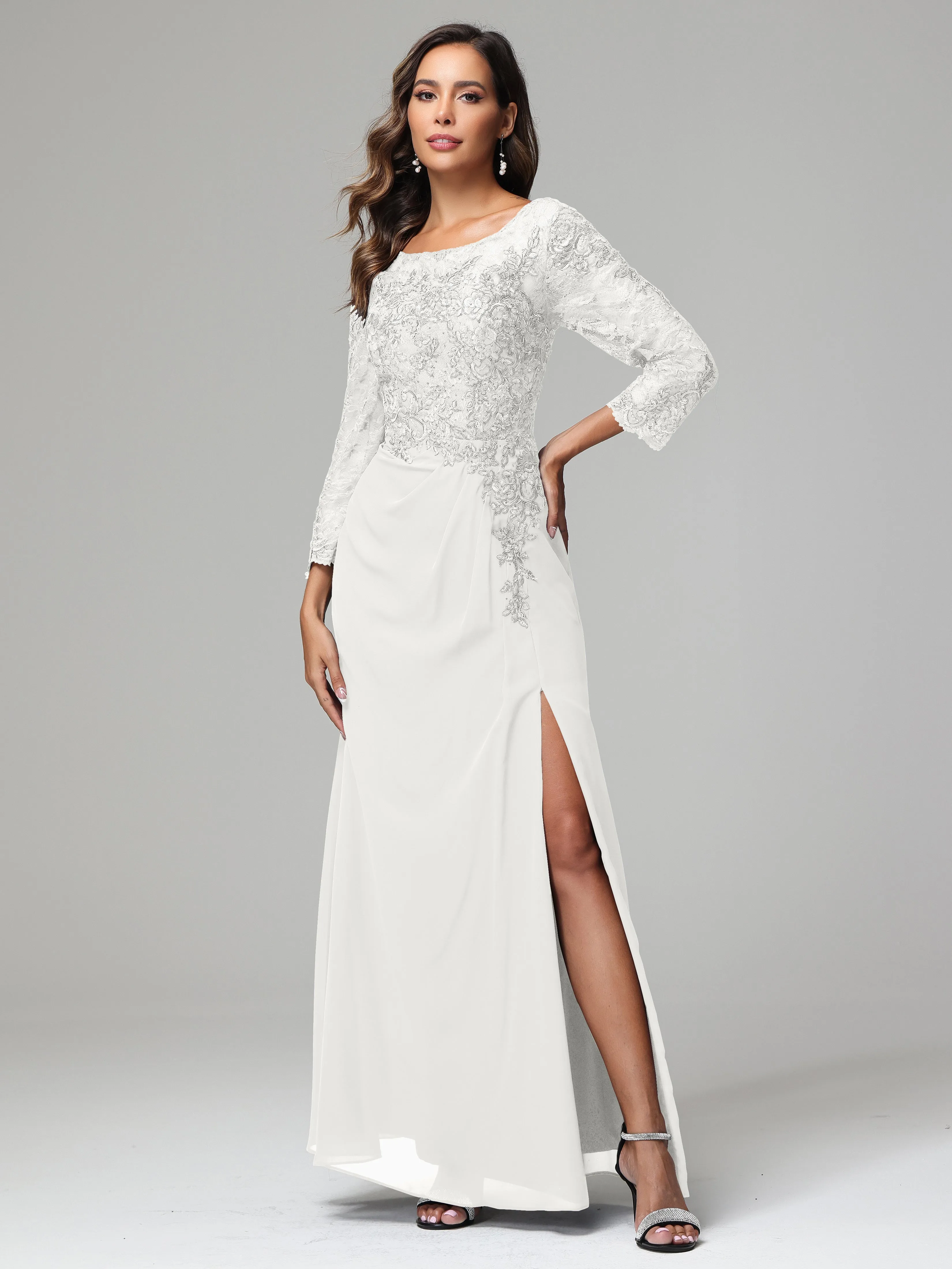 Long Sleeves Floor Length Chiffon Lace Mother Of The Bride Dress