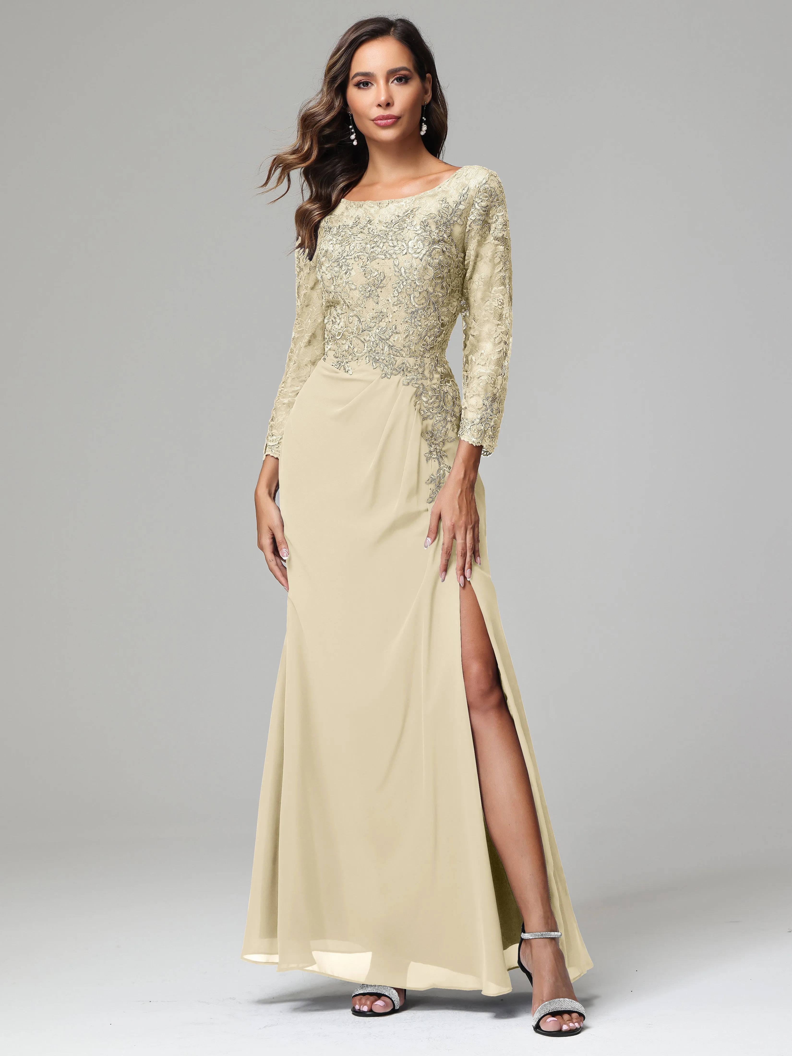 Long Sleeves Floor Length Chiffon Lace Mother Of The Bride Dress