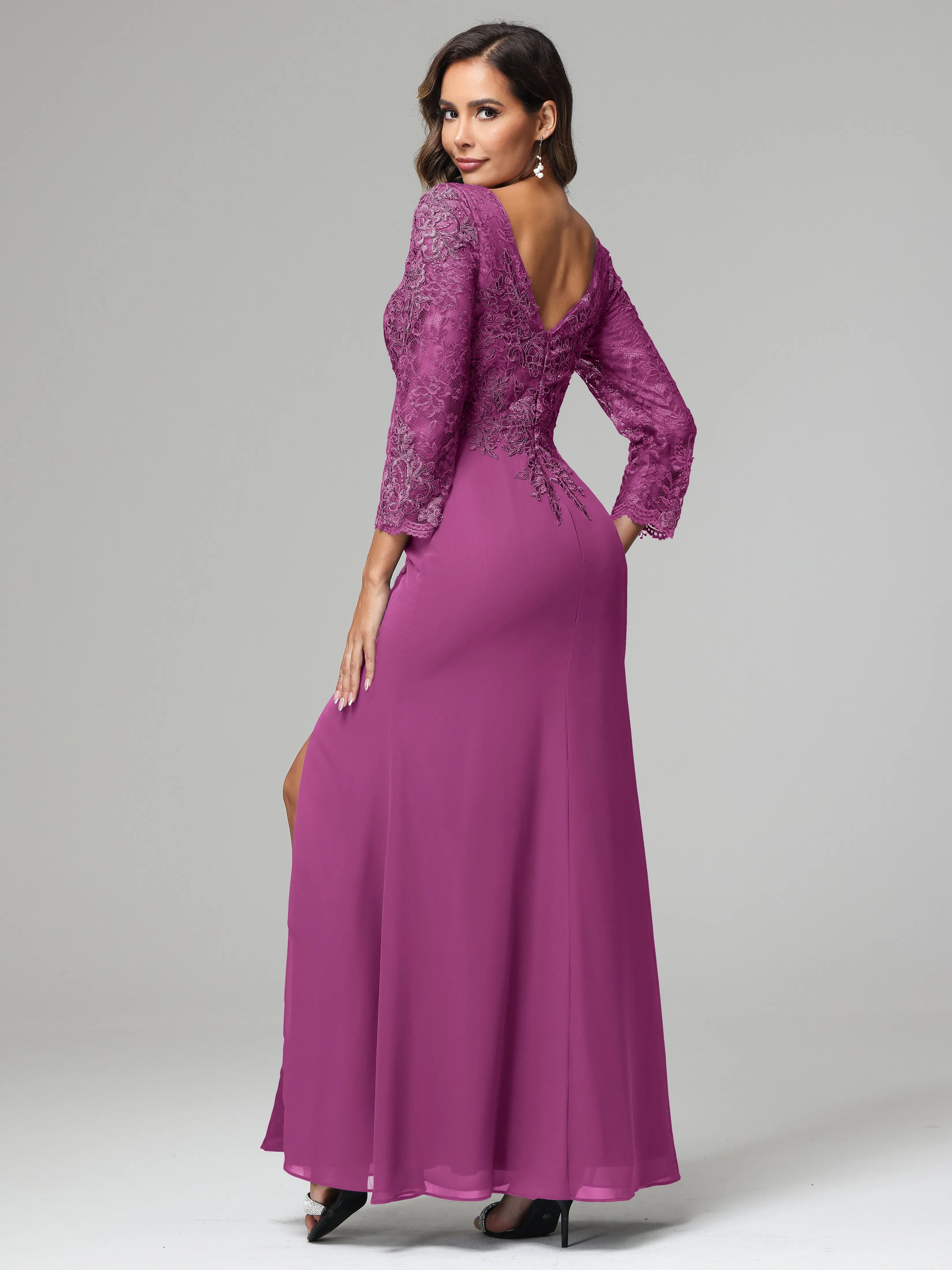 Long Sleeves Floor Length Chiffon Lace Mother Of The Bride Dress