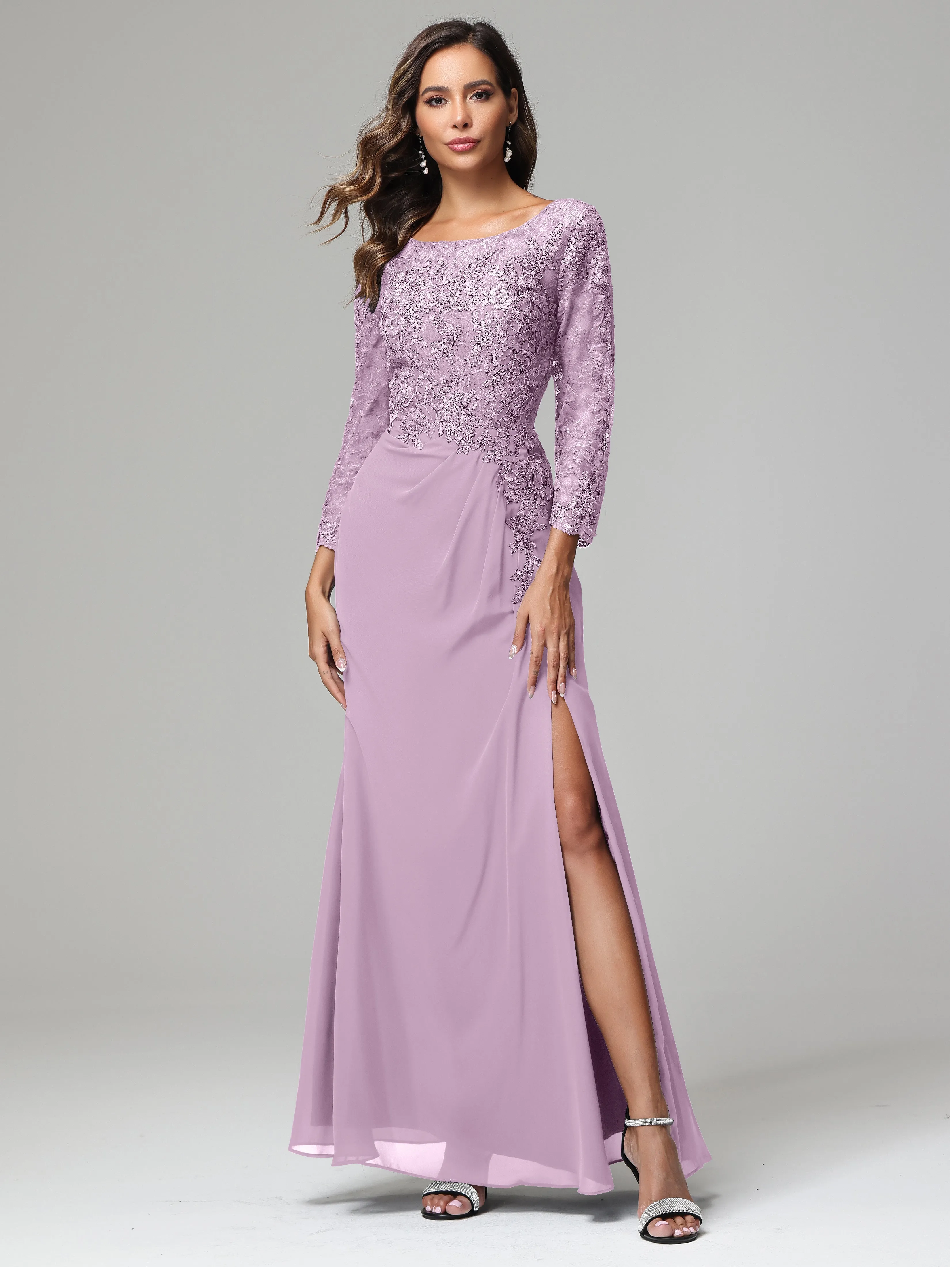 Long Sleeves Floor Length Chiffon Lace Mother Of The Bride Dress