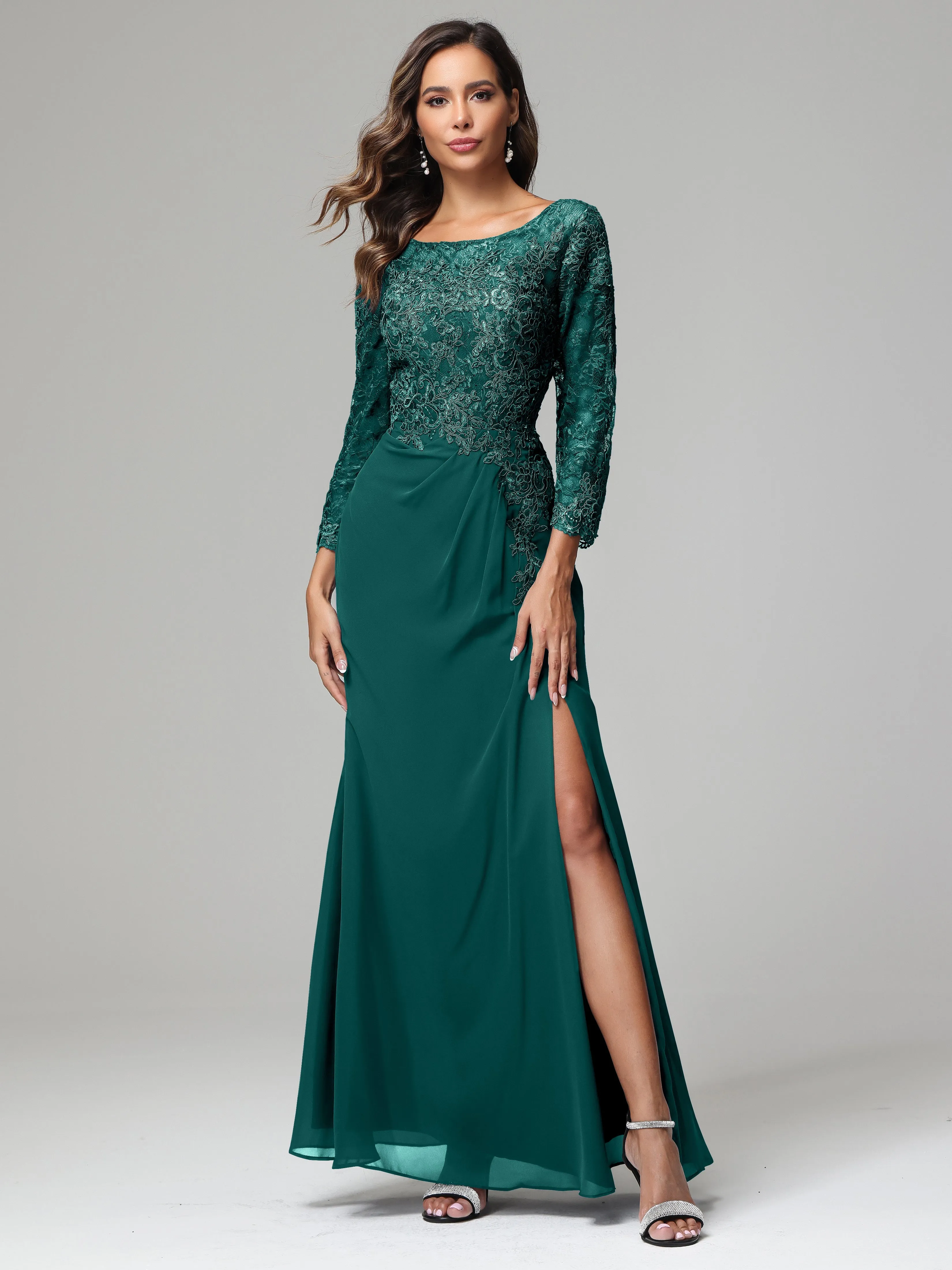 Long Sleeves Floor Length Chiffon Lace Mother Of The Bride Dress