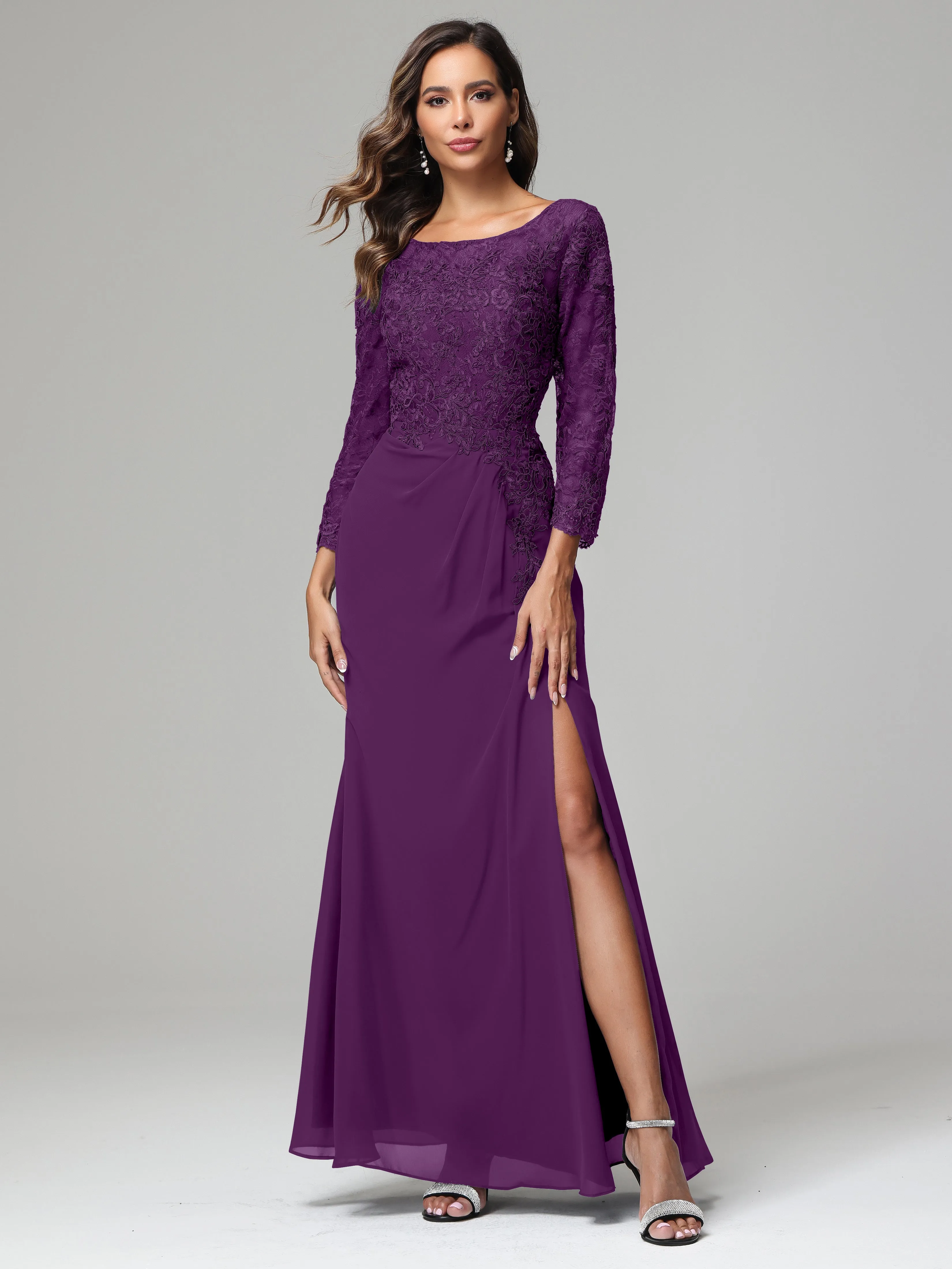 Long Sleeves Floor Length Chiffon Lace Mother Of The Bride Dress