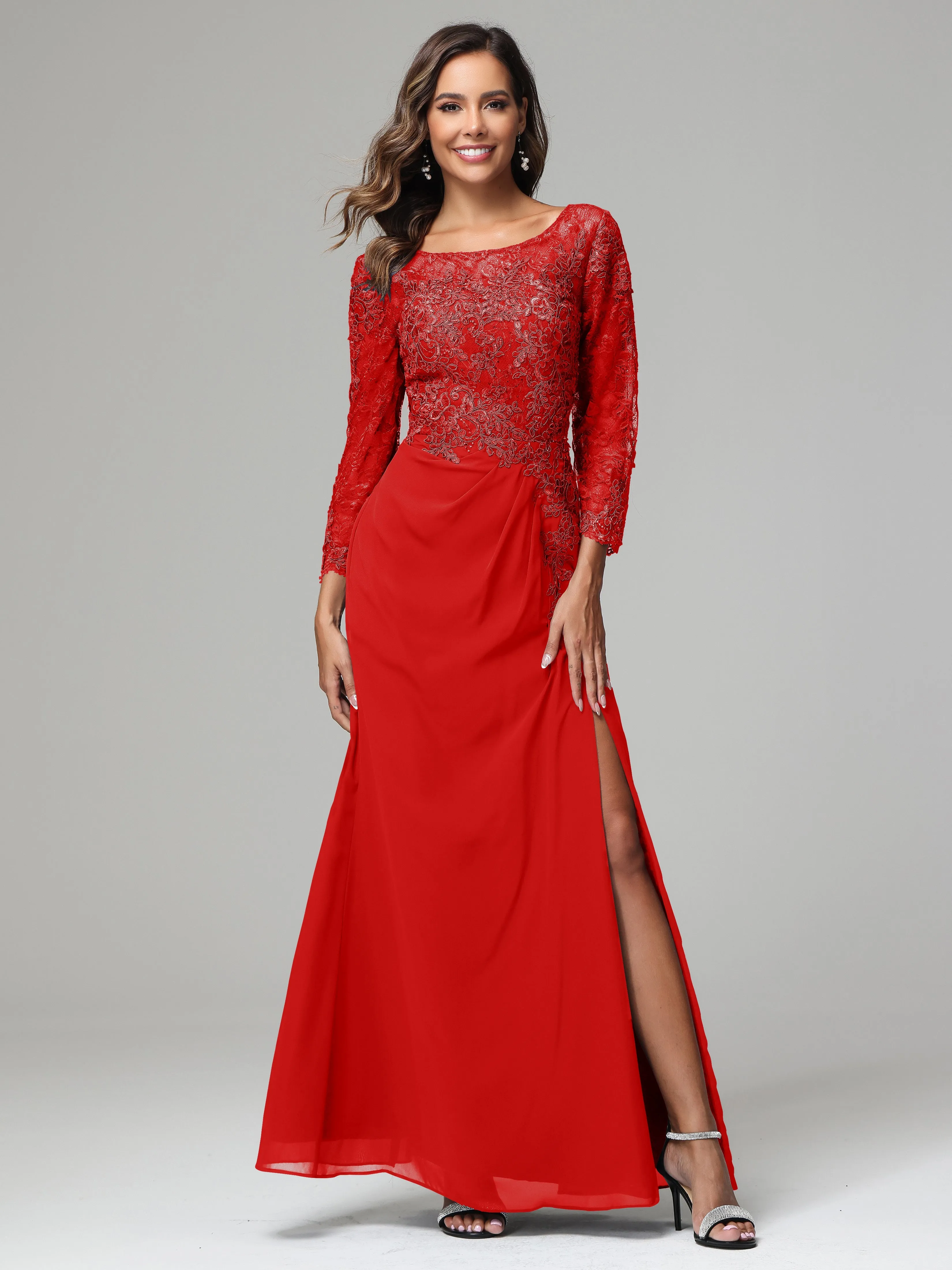 Long Sleeves Floor Length Chiffon Lace Mother Of The Bride Dress