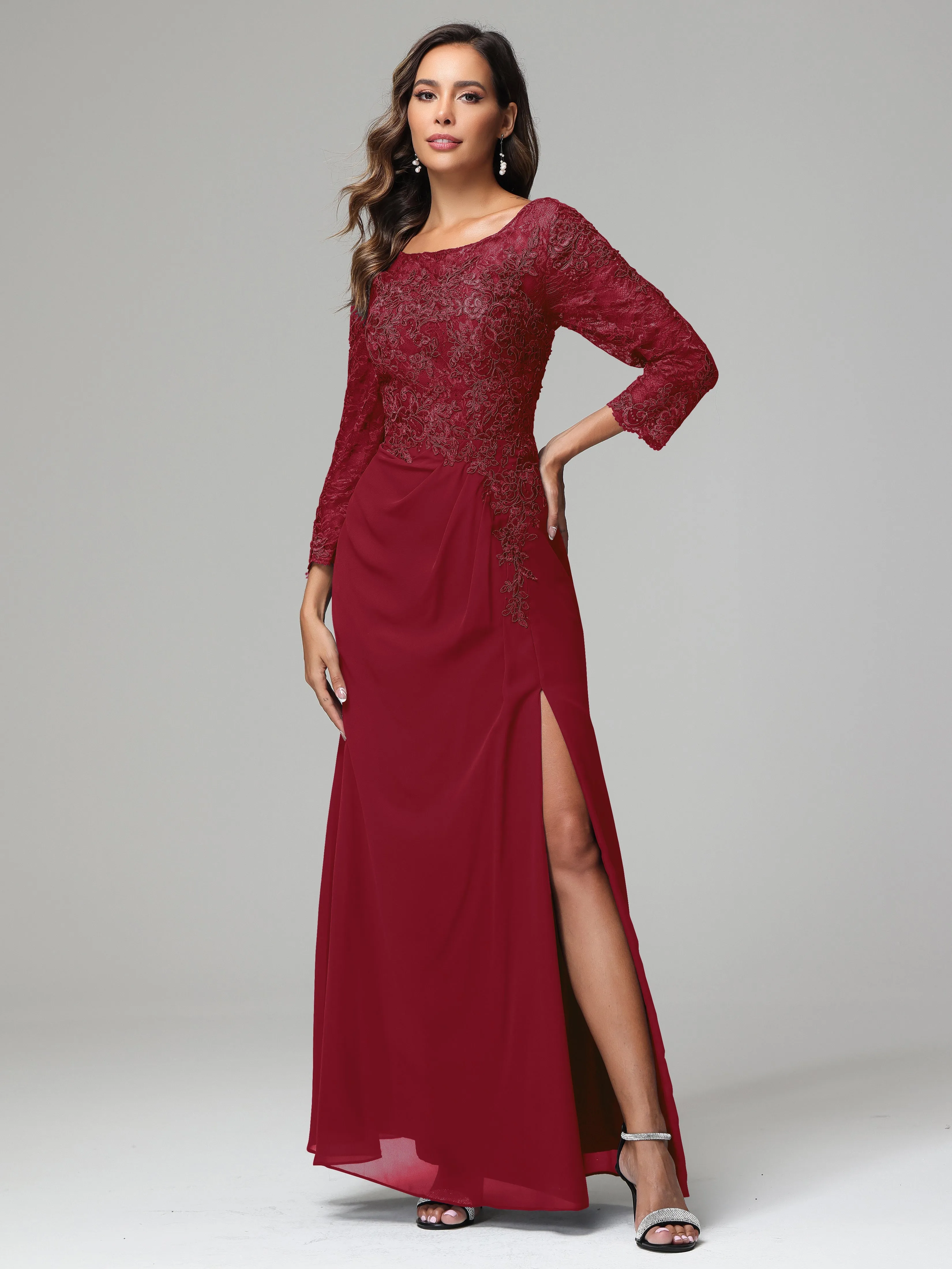 Long Sleeves Floor Length Chiffon Lace Mother Of The Bride Dress