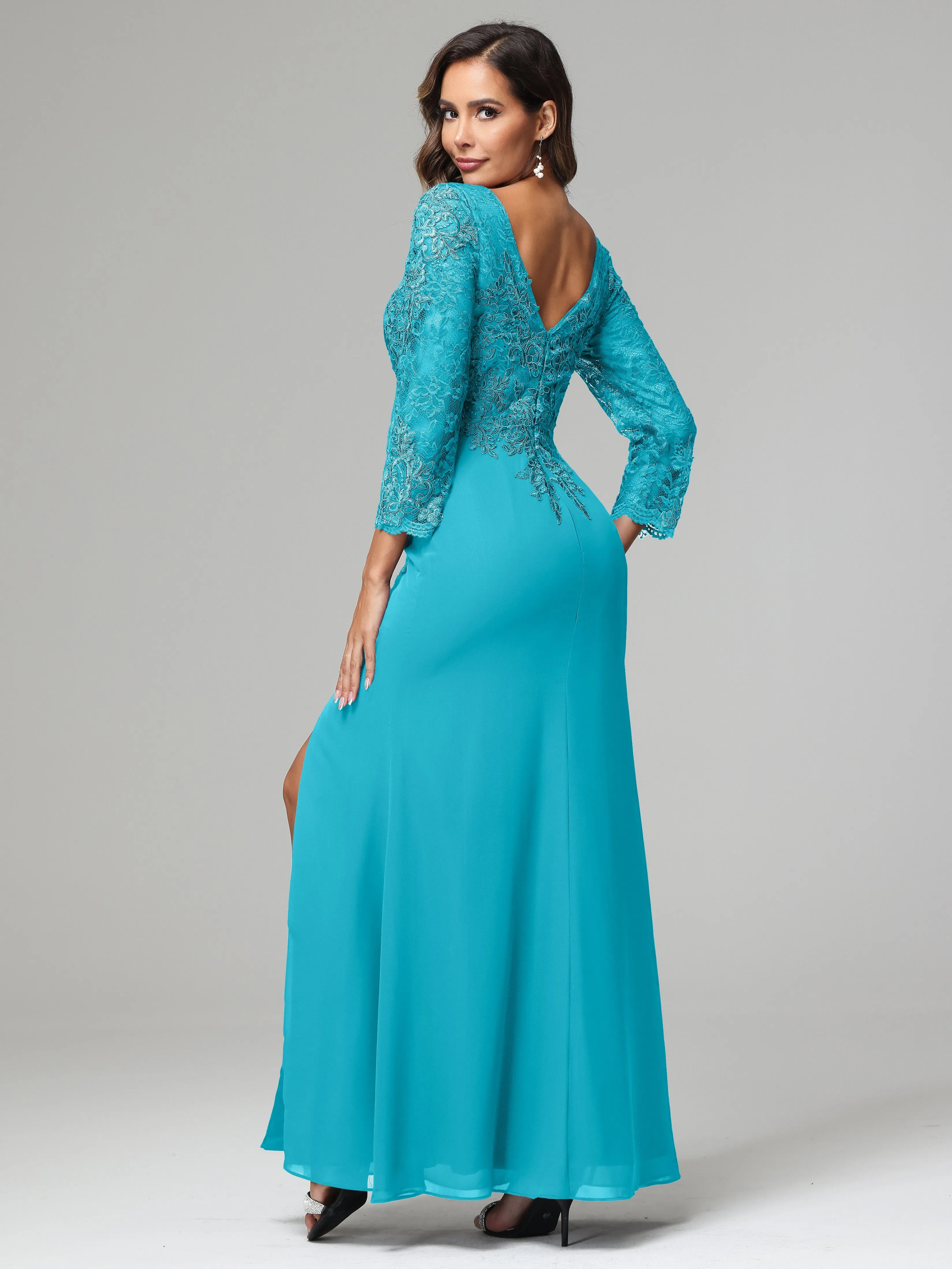 Long Sleeves Floor Length Chiffon Lace Mother Of The Bride Dress