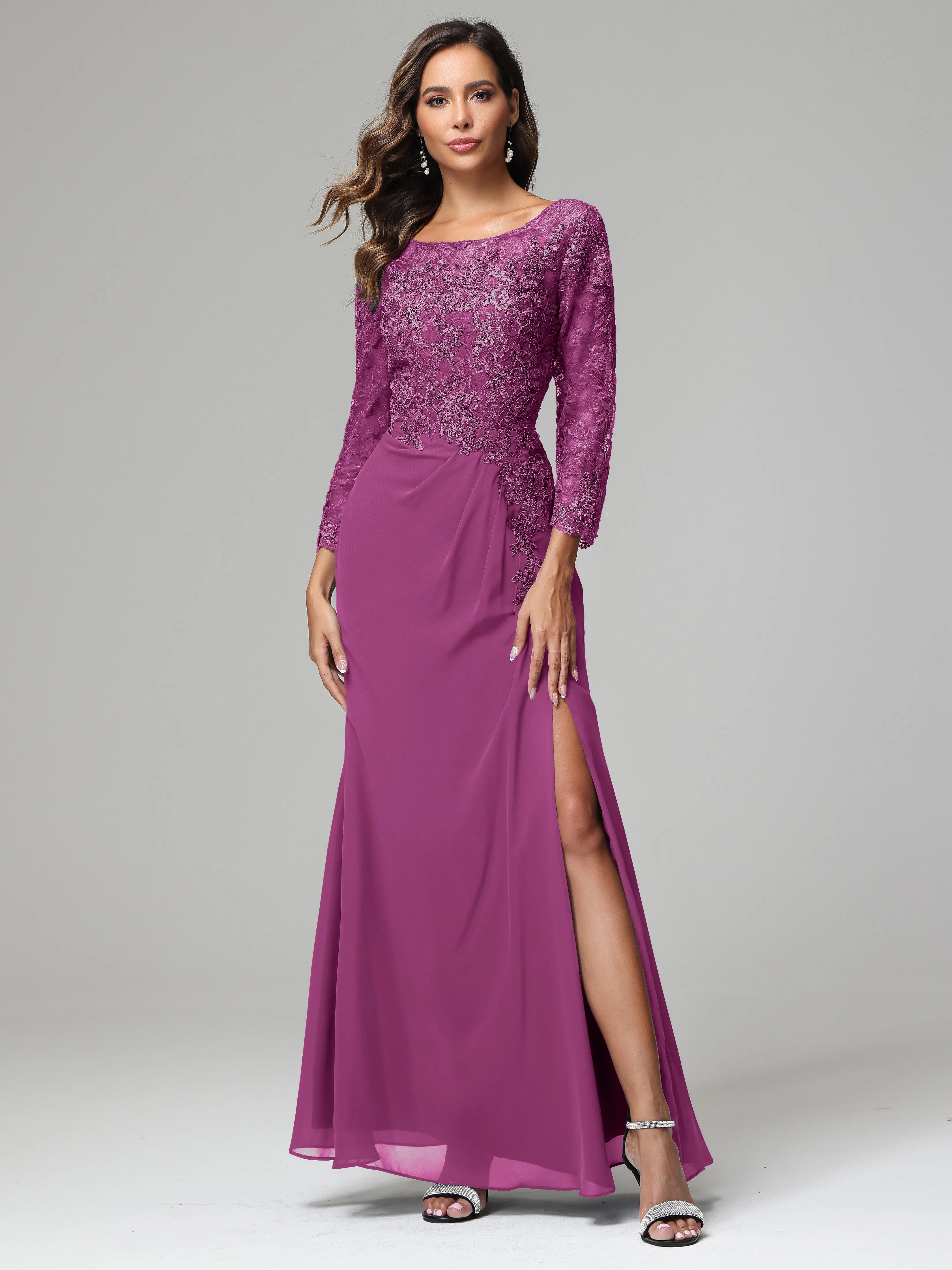 Long Sleeves Floor Length Chiffon Lace Mother Of The Bride Dress