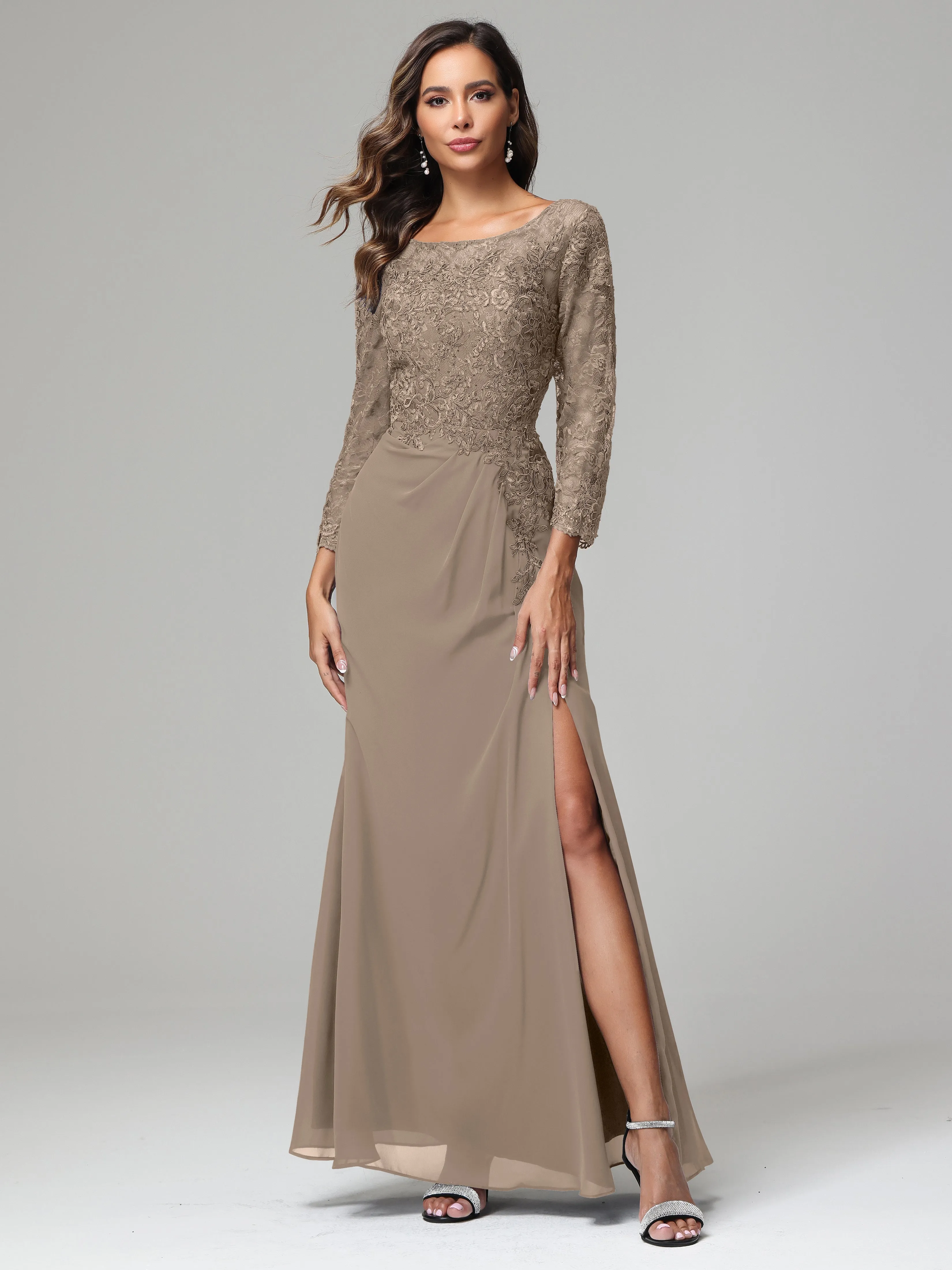 Long Sleeves Floor Length Chiffon Lace Mother Of The Bride Dress