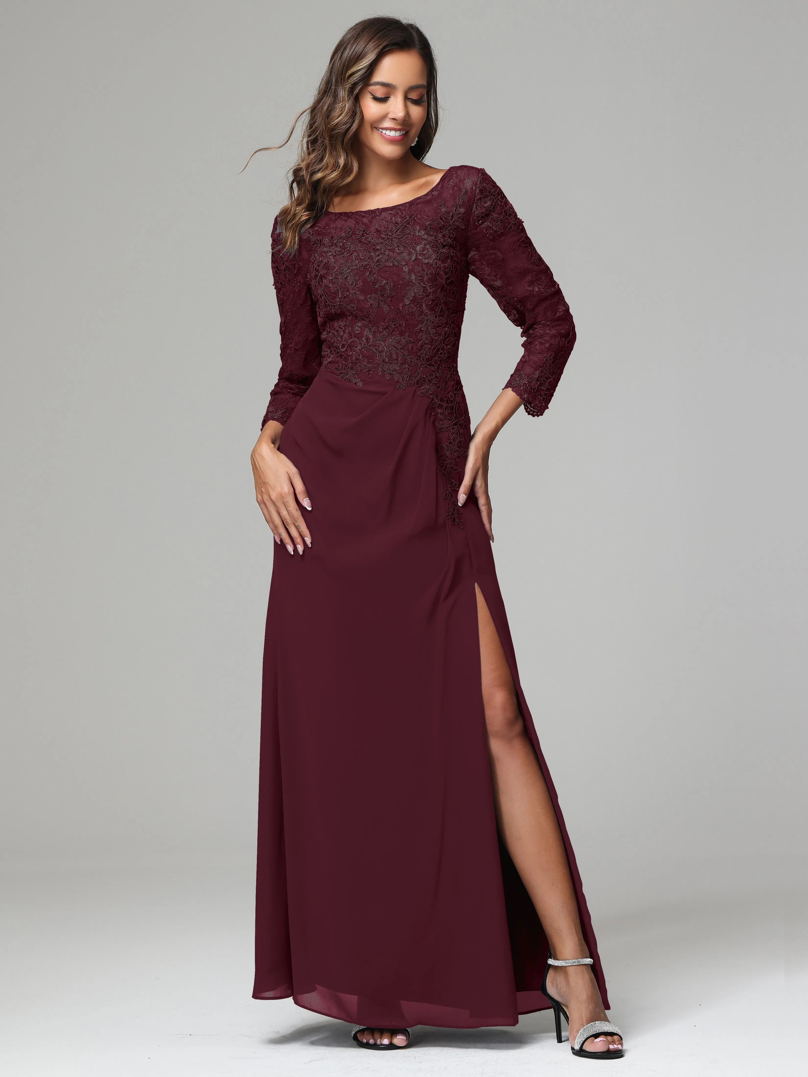 Long Sleeves Floor Length Chiffon Lace Mother Of The Bride Dress