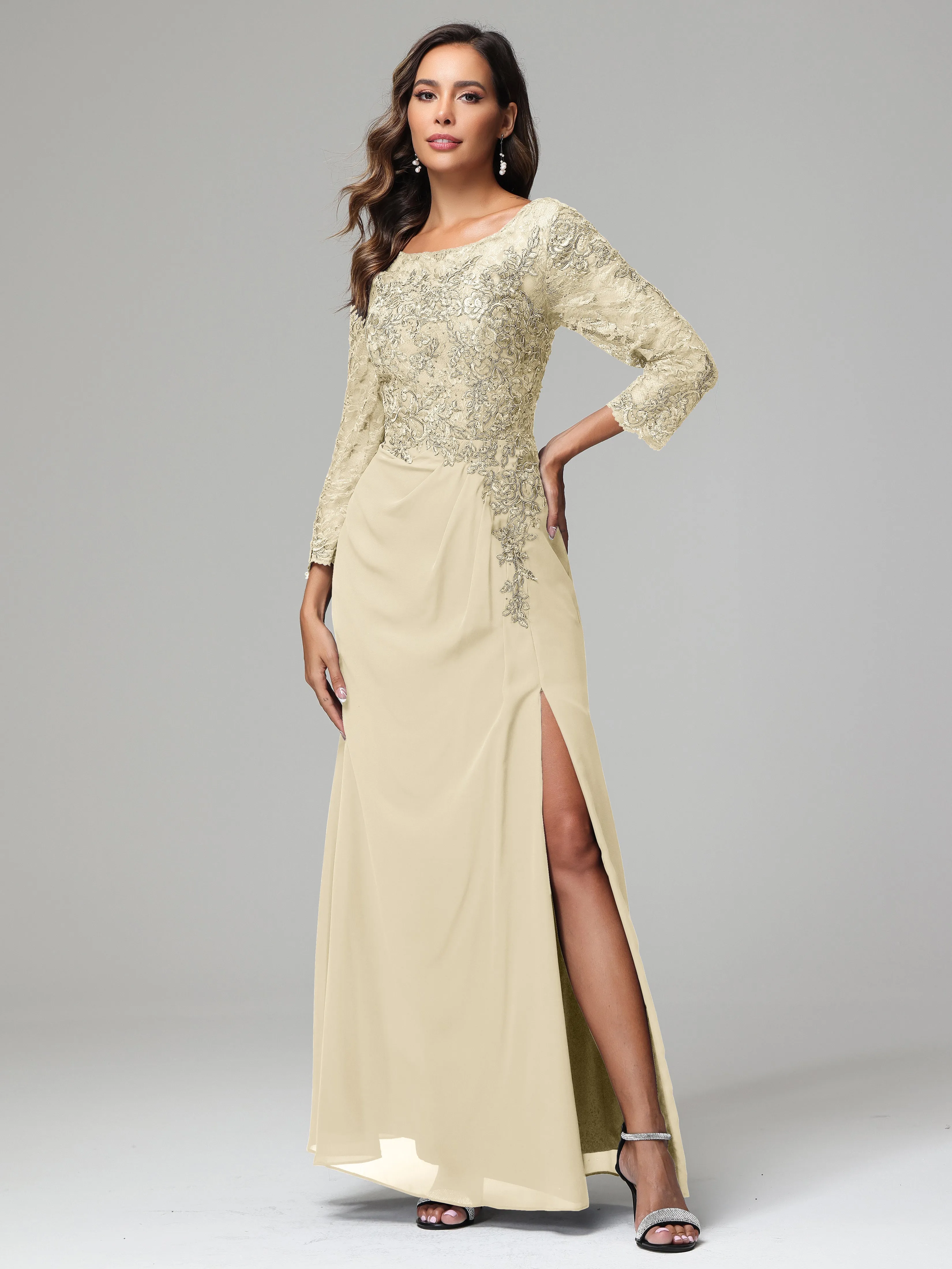 Long Sleeves Floor Length Chiffon Lace Mother Of The Bride Dress