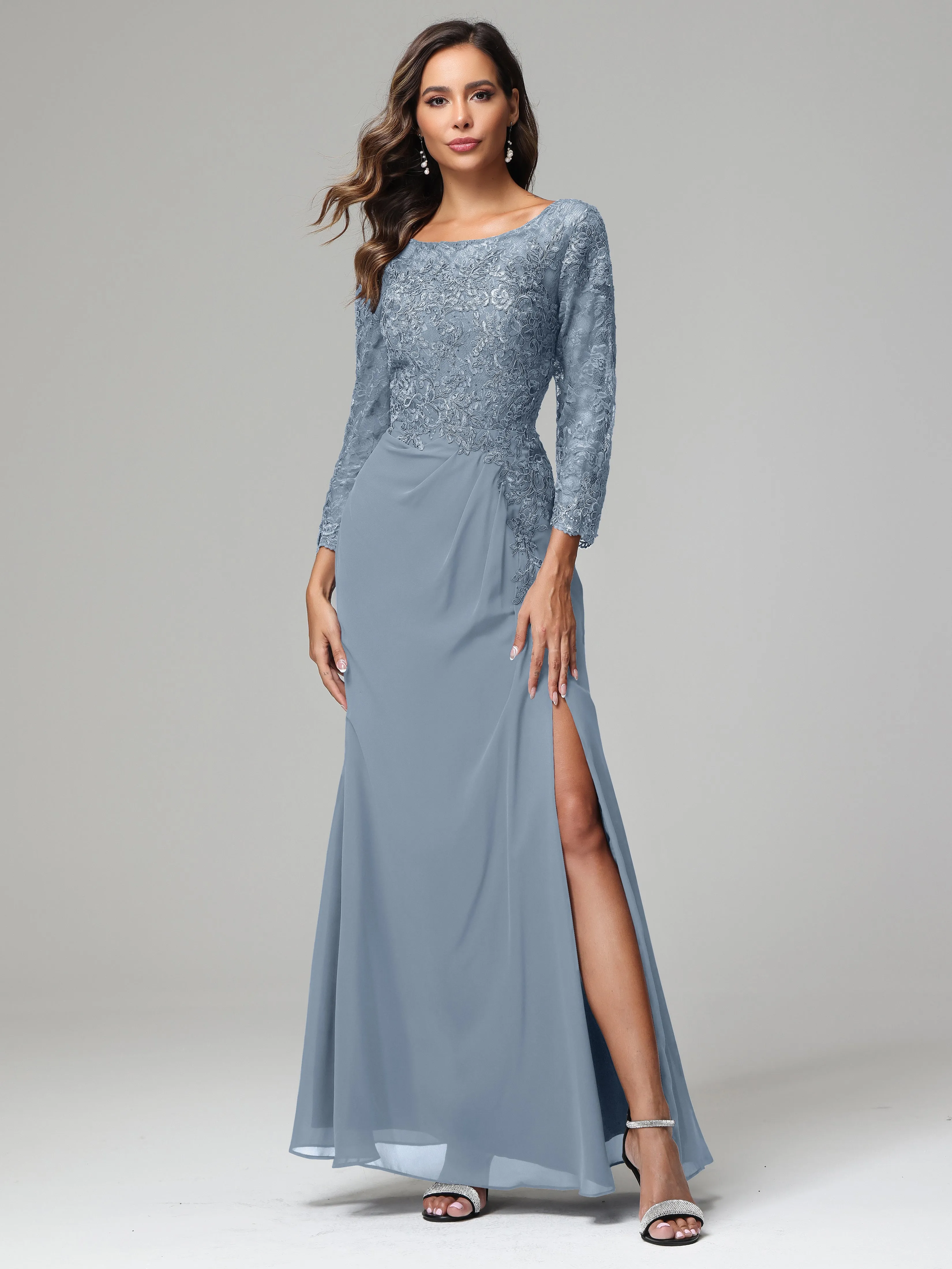 Long Sleeves Floor Length Chiffon Lace Mother Of The Bride Dress
