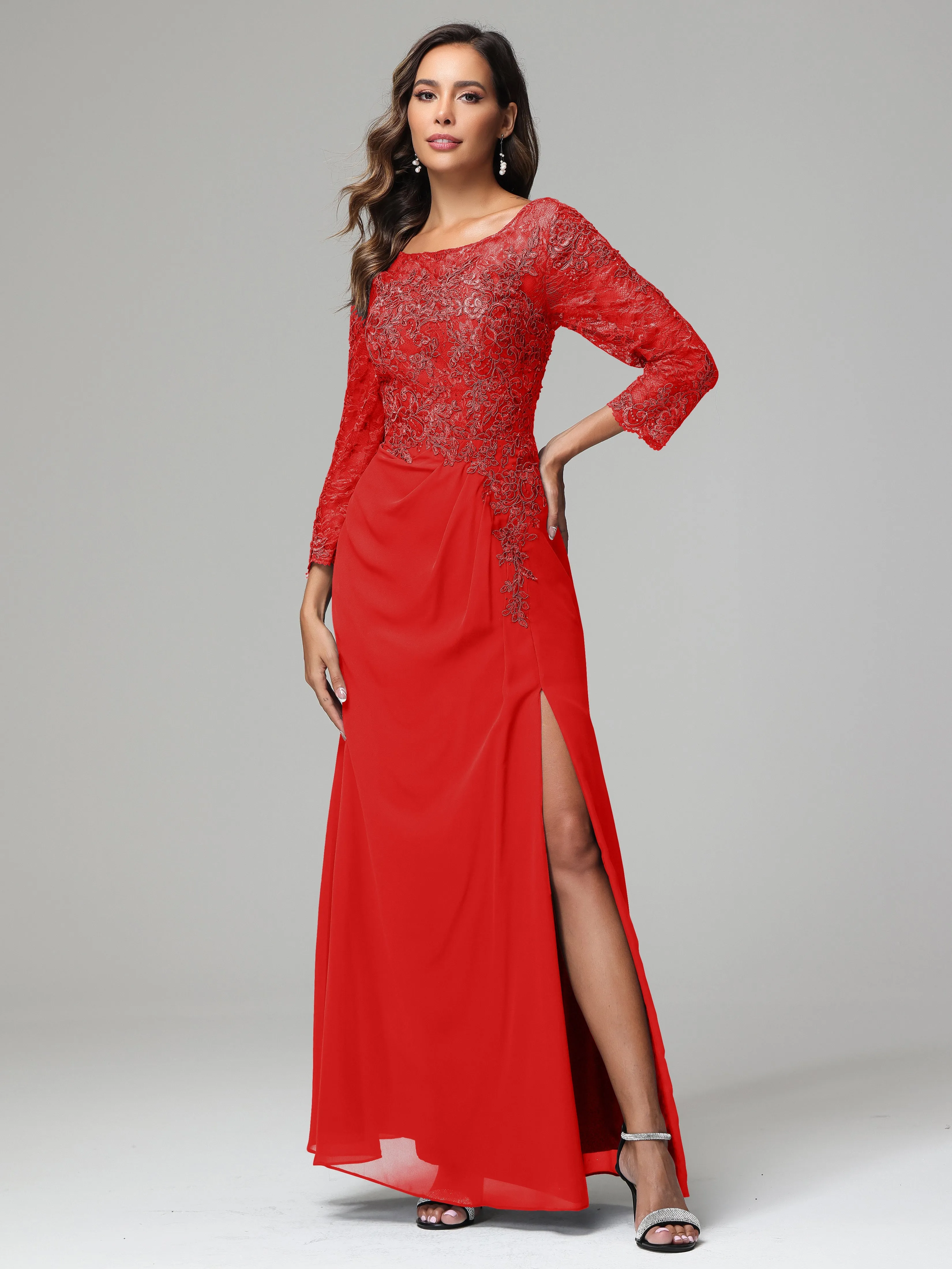 Long Sleeves Floor Length Chiffon Lace Mother Of The Bride Dress
