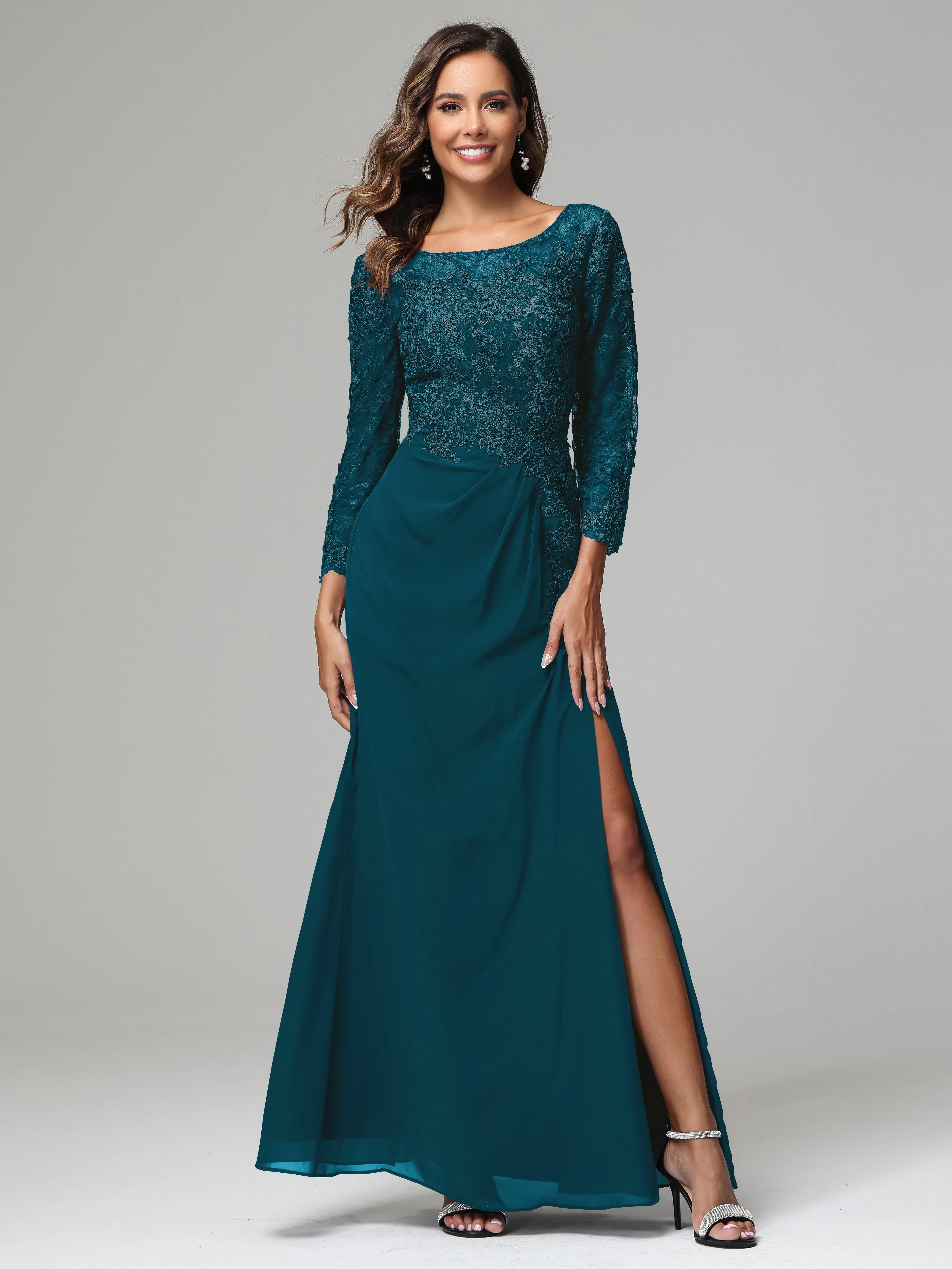 Long Sleeves Floor Length Chiffon Lace Mother Of The Bride Dress