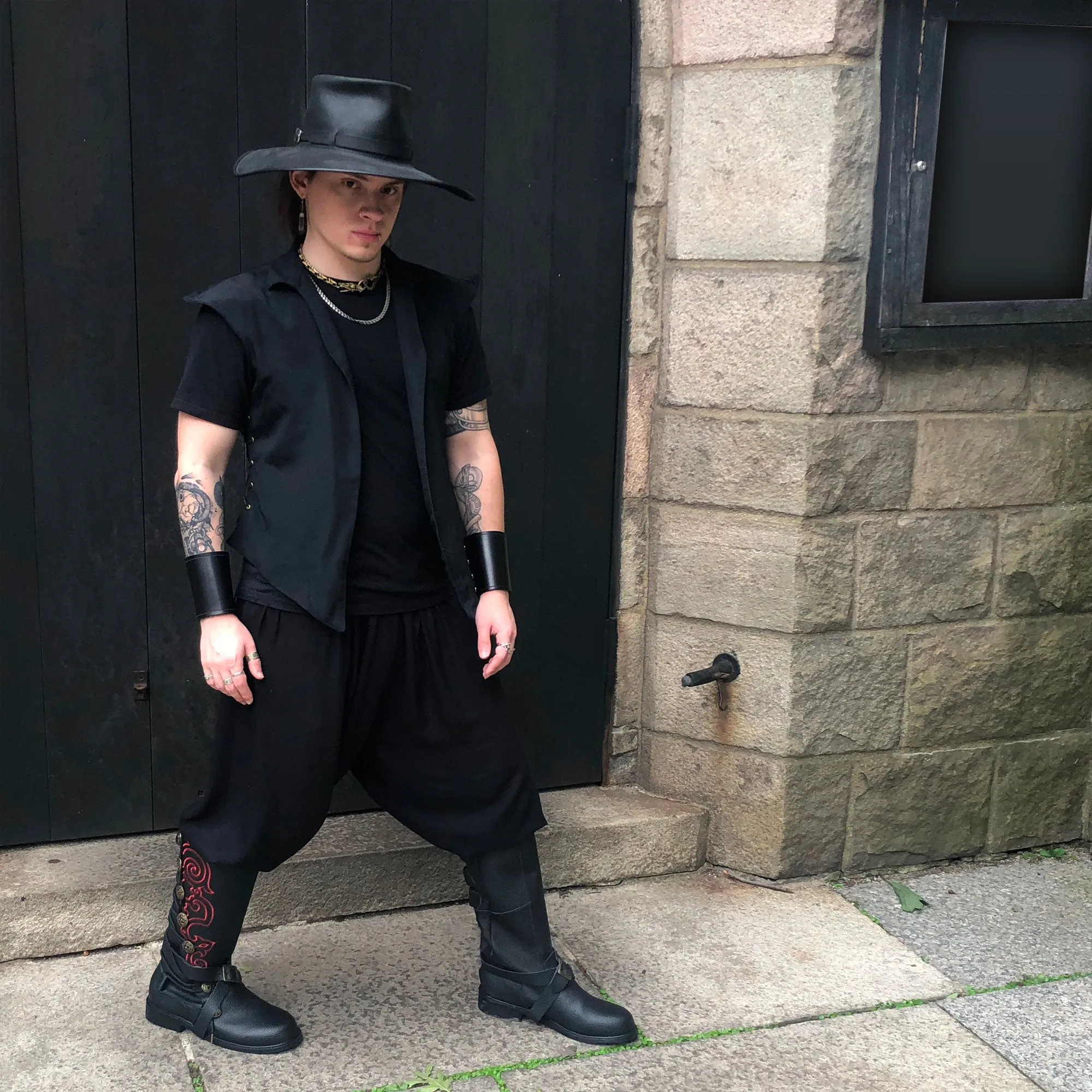 Men’s Black Leather Nobleman's Boots with Red Embroidery and Removable Straps