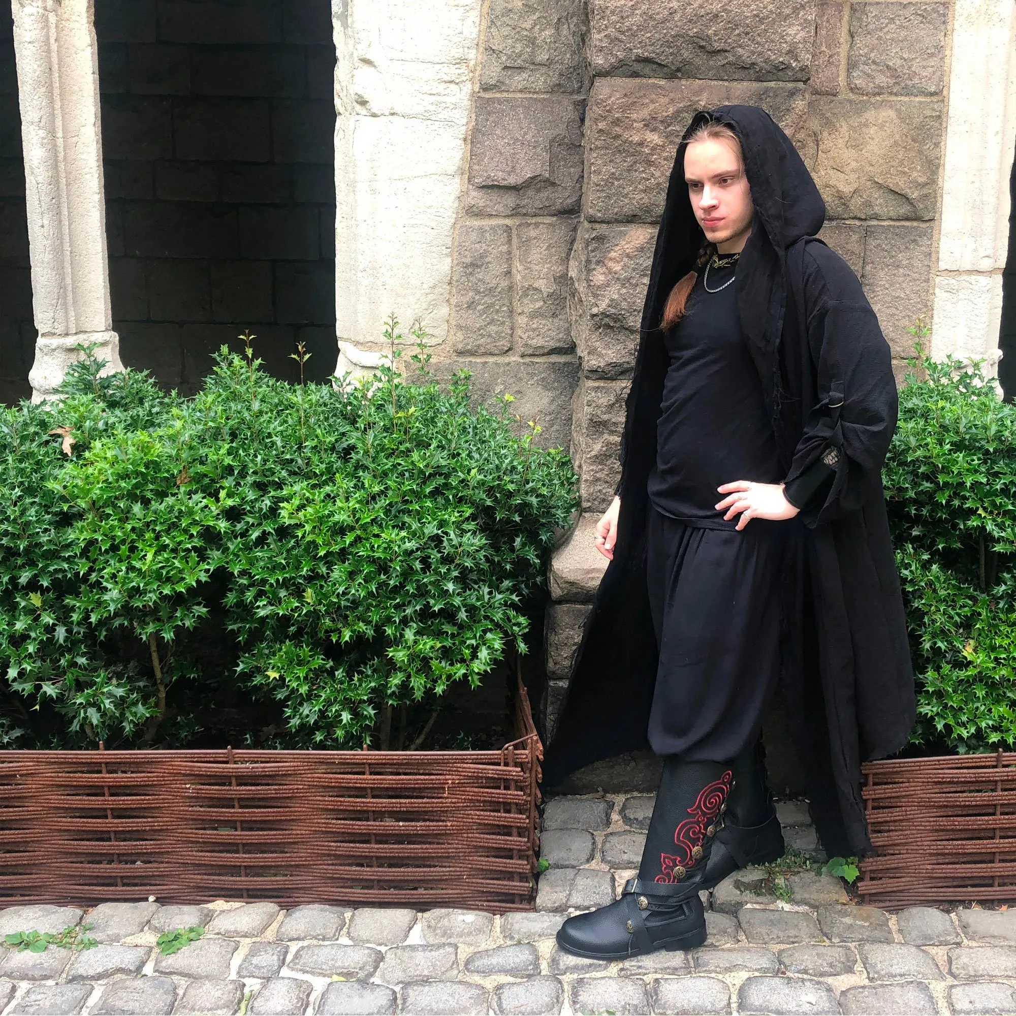 Men’s Black Leather Nobleman's Boots with Red Embroidery and Removable Straps