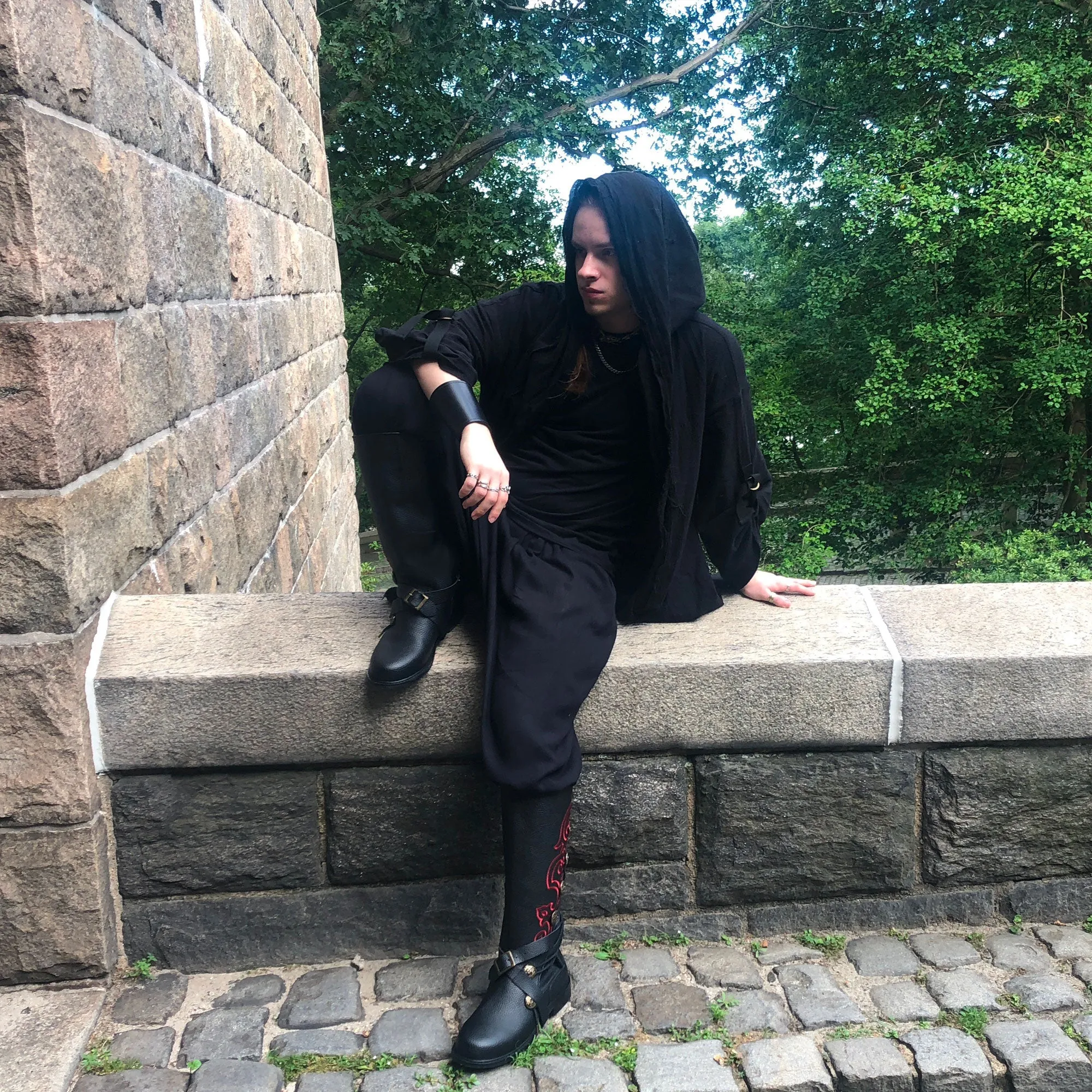 Men’s Black Leather Nobleman's Boots with Red Embroidery and Removable Straps