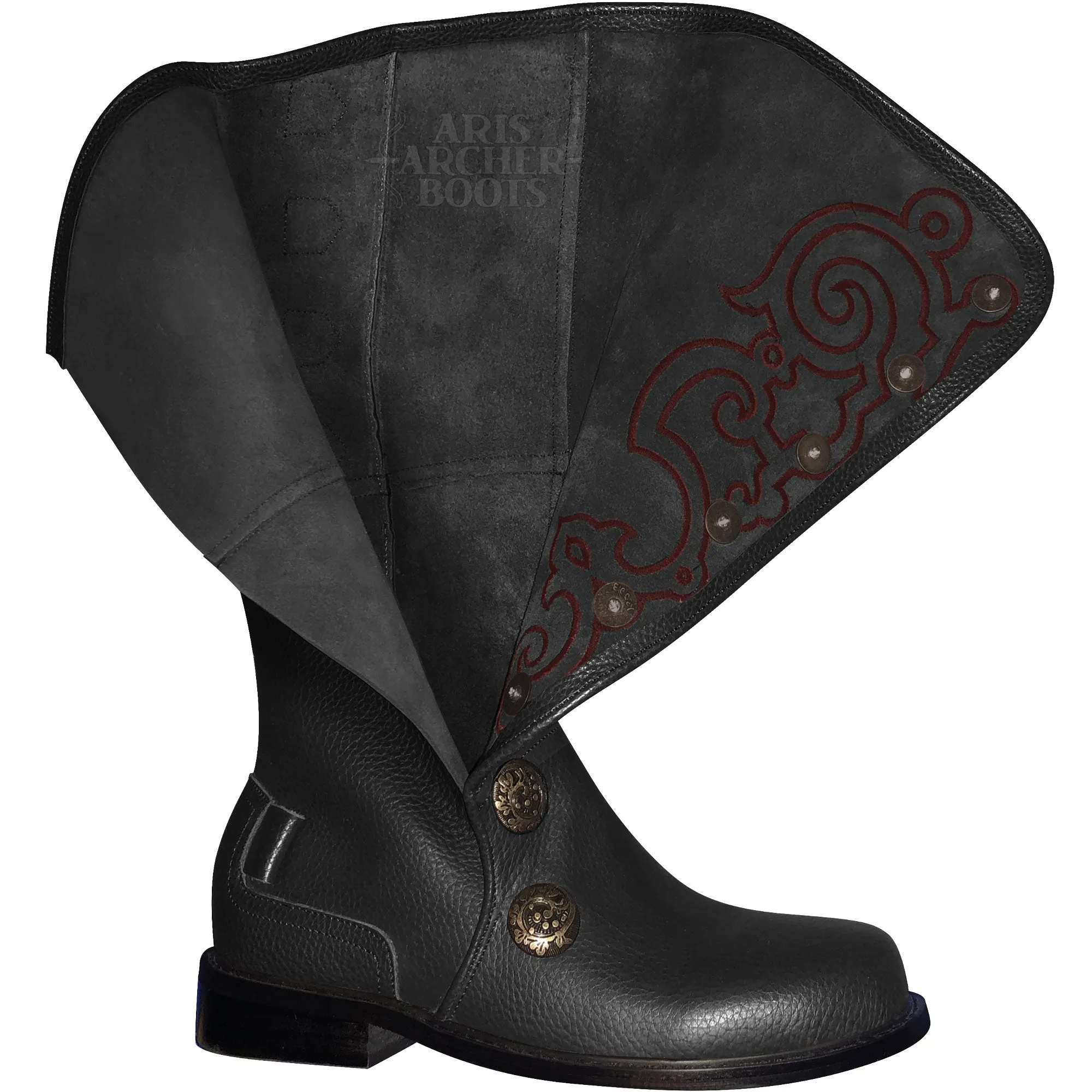 Men’s Black Leather Nobleman's Boots with Red Embroidery and Removable Straps