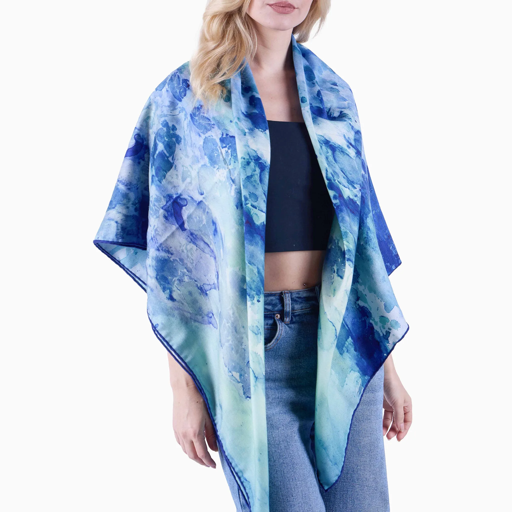 Oversized Clear Blue Silk/Wool Scarf - Silk/Wool Blend 53x 53"