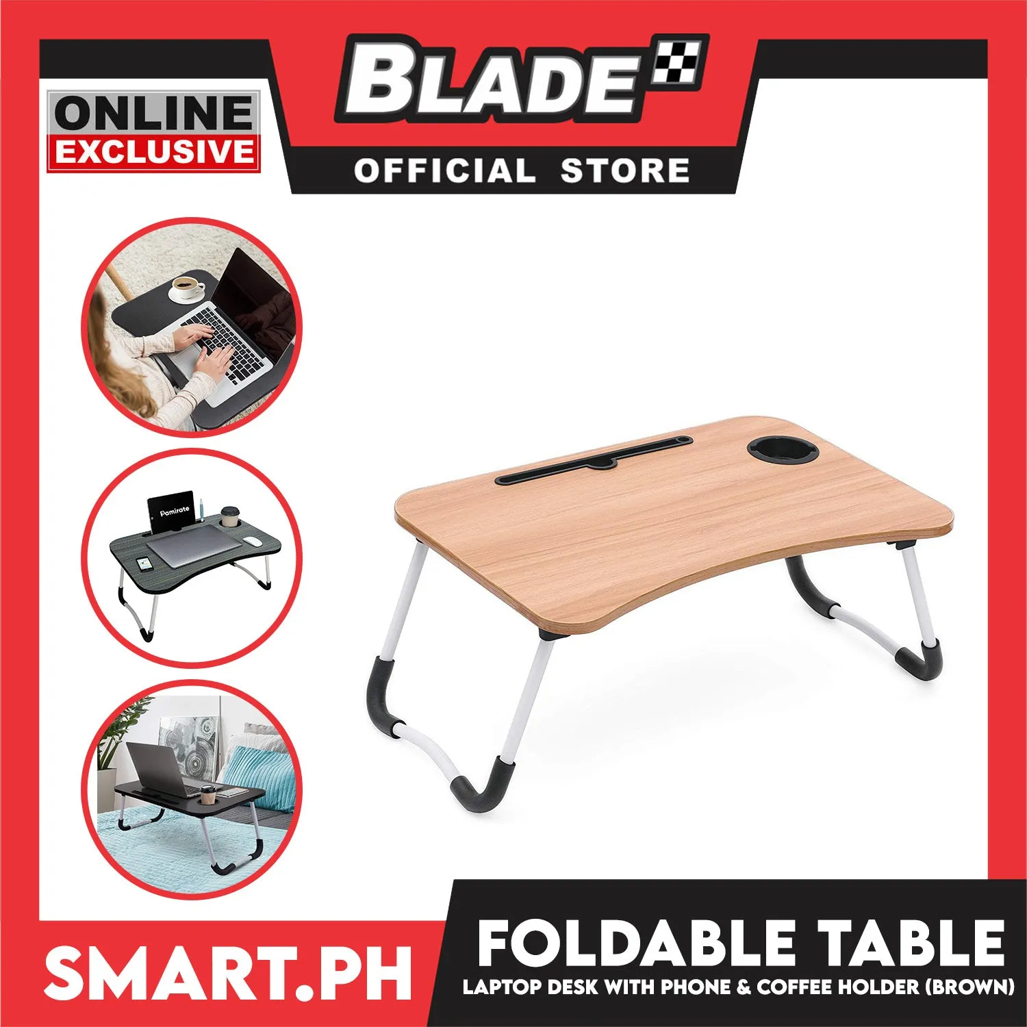 Portable Folding Table for Study, Laptop Desk, Mini Laptop Support Tray for Sofa Bed (Brown) 60 x 40 x 28cm
