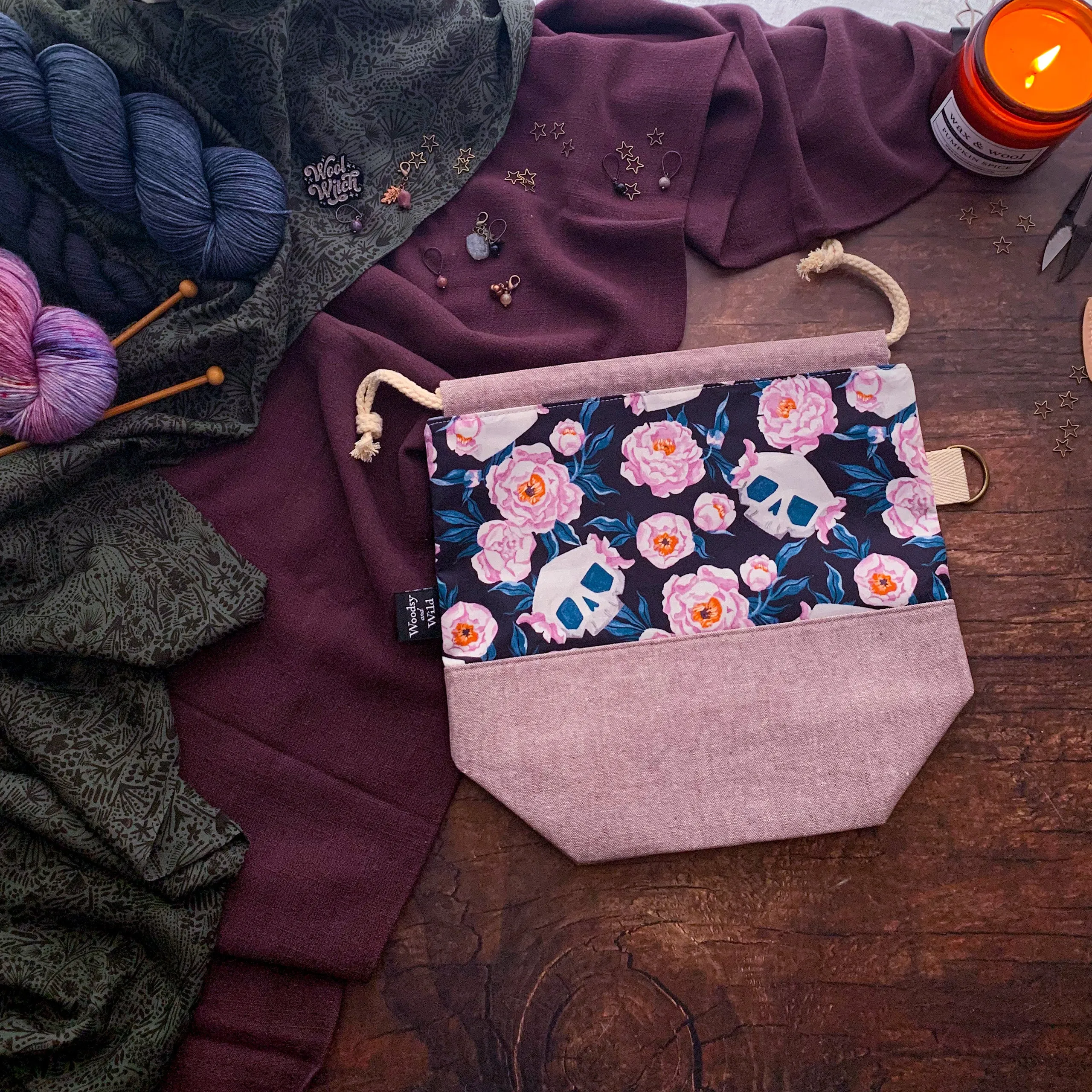 "Skull Floral"- Knitting Project Bag- Ready to Ship