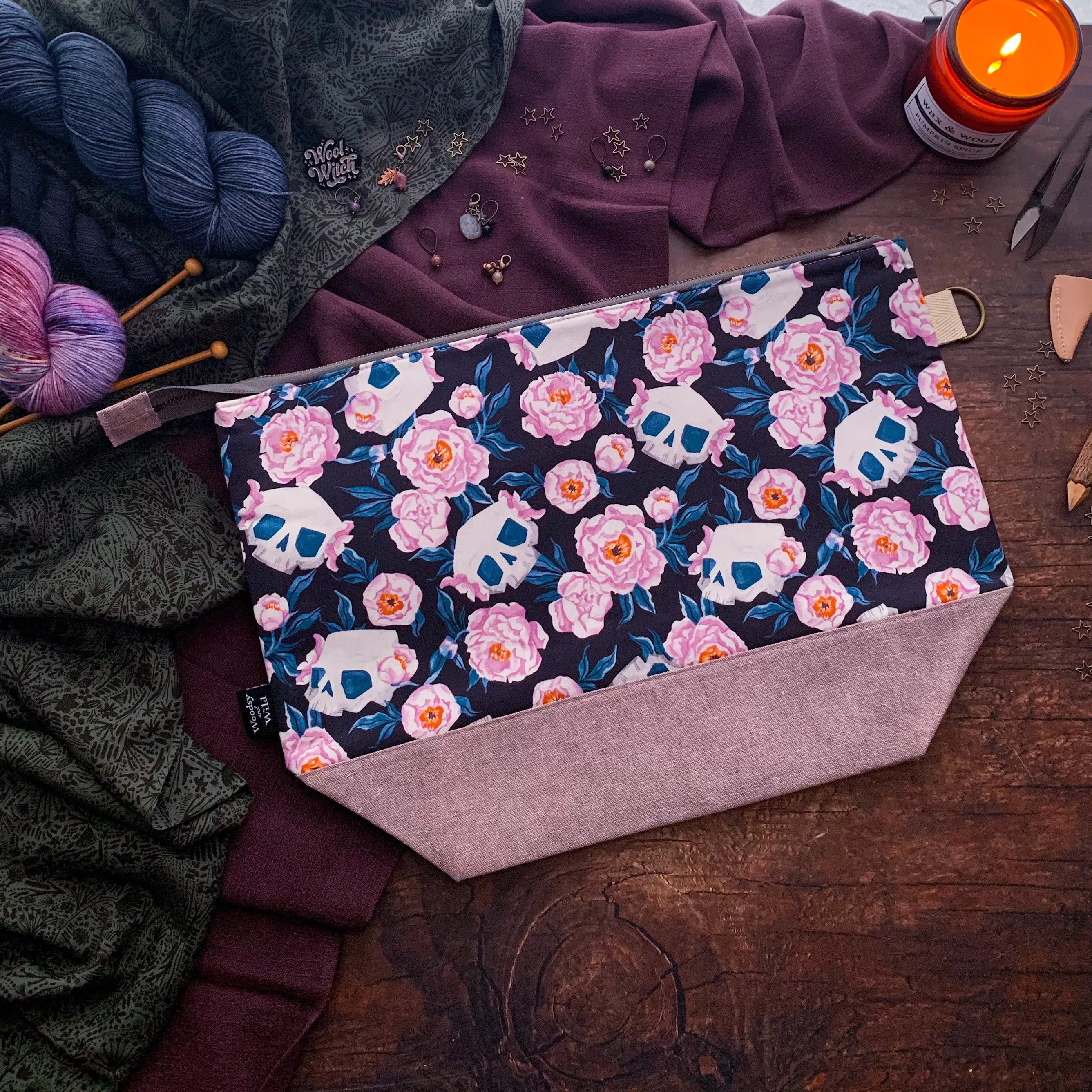 "Skull Floral"- Knitting Project Bag- Ready to Ship