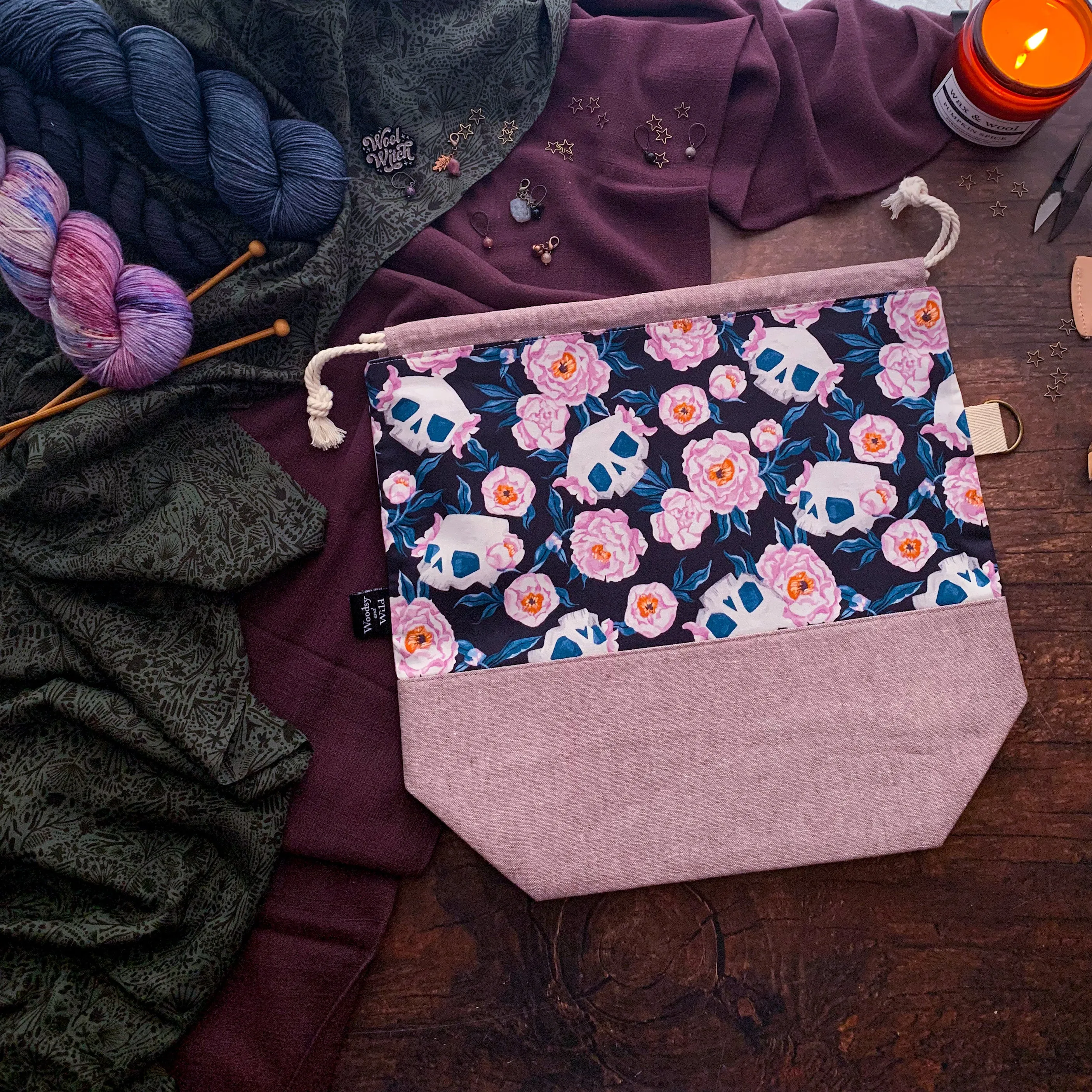 "Skull Floral"- Knitting Project Bag- Ready to Ship