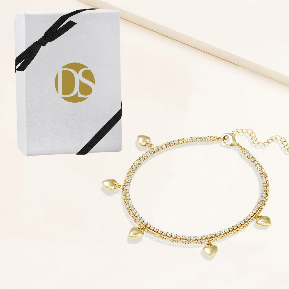 "Sweetheart" 4.1CTW Prong- Set Round Cut Tennis & Heart Charms Figaro Chain Layered Anklet