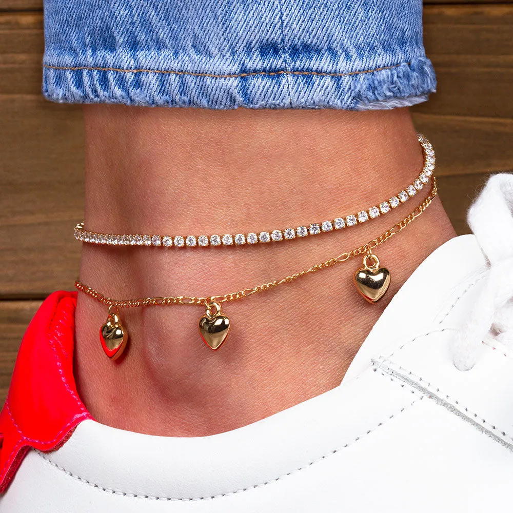 "Sweetheart" 4.1CTW Prong- Set Round Cut Tennis & Heart Charms Figaro Chain Layered Anklet