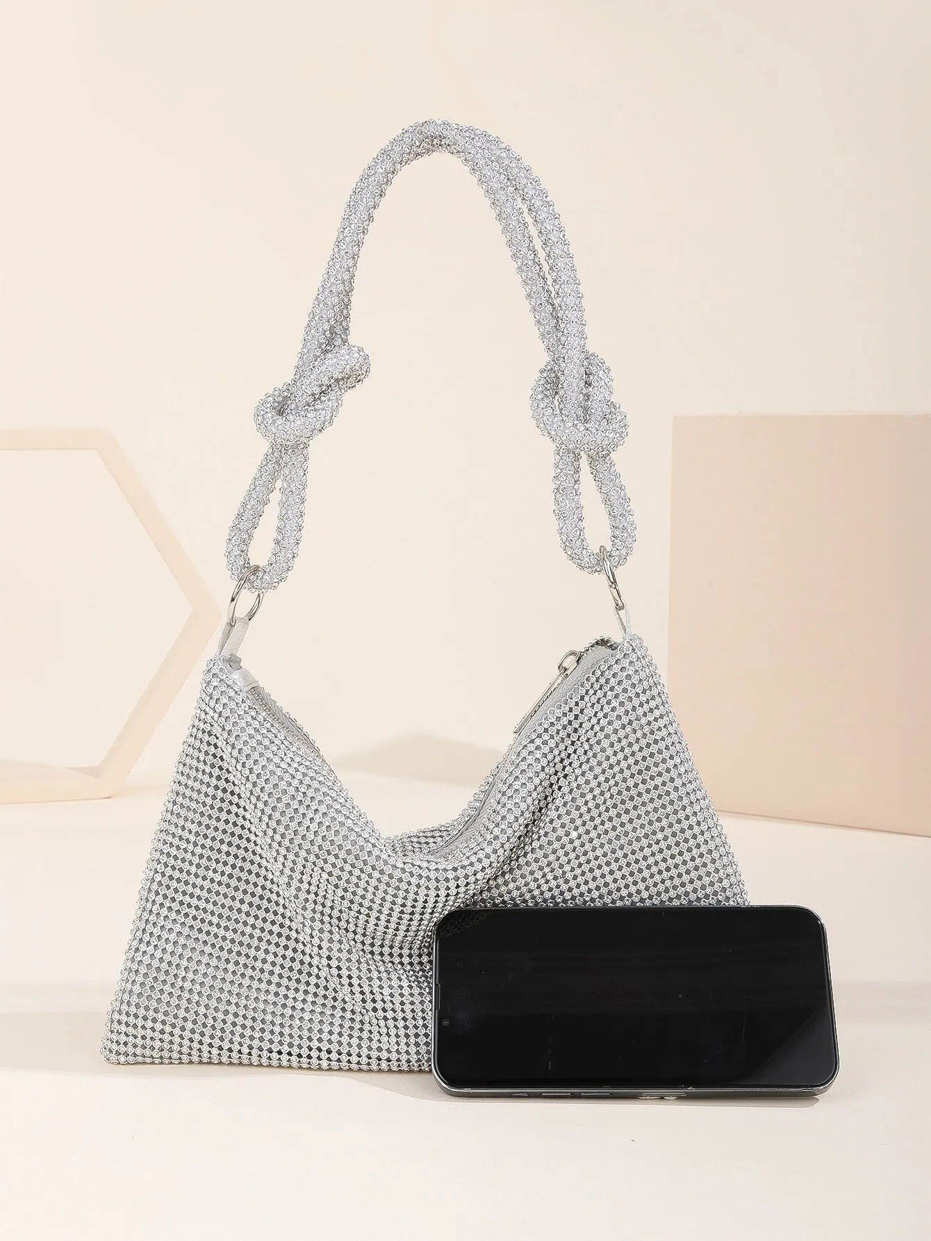 Rhinestone Decor Knot Detail Evening Bag