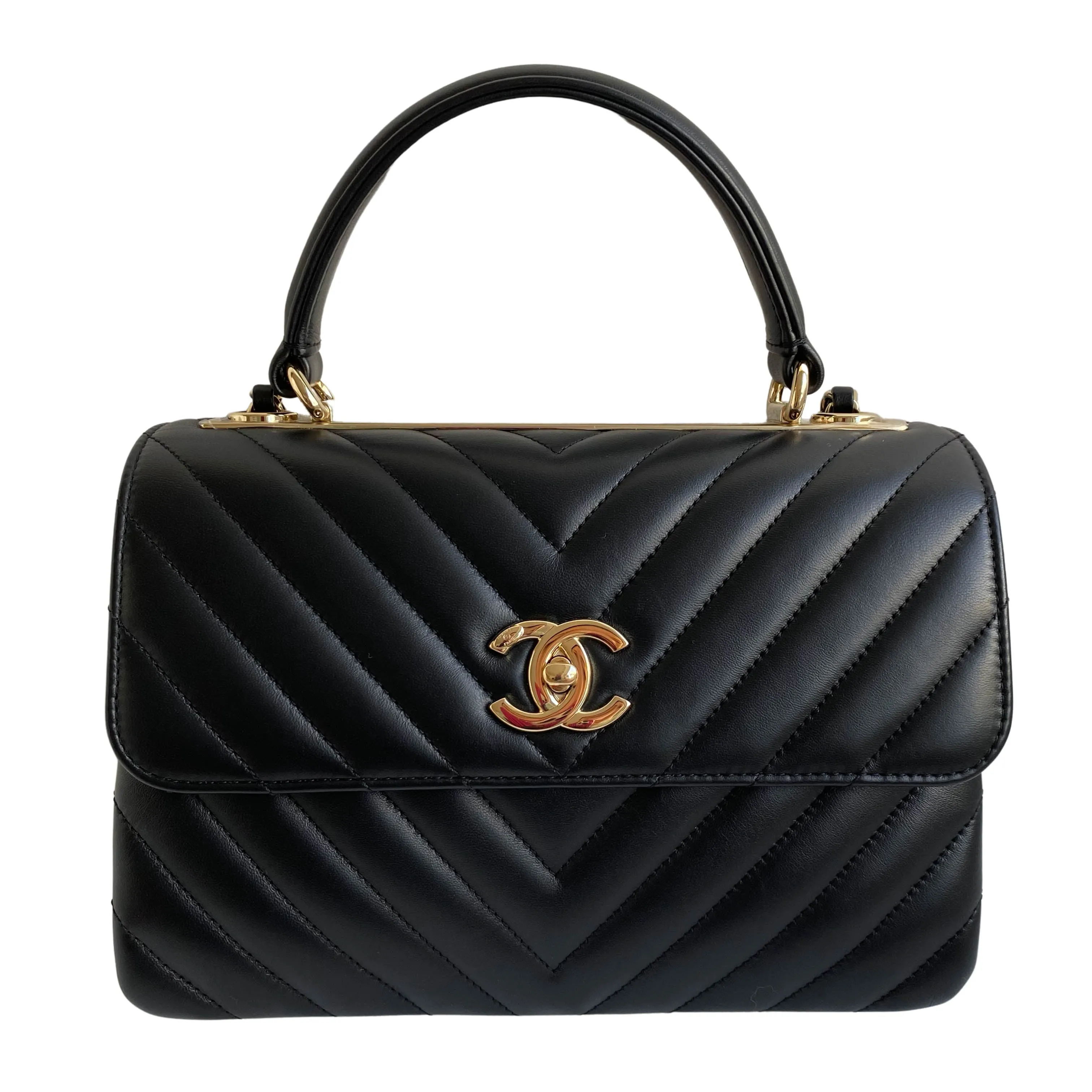 Small Trendy CC Flap Bag with Top Handle in Chevron Black Lambskin