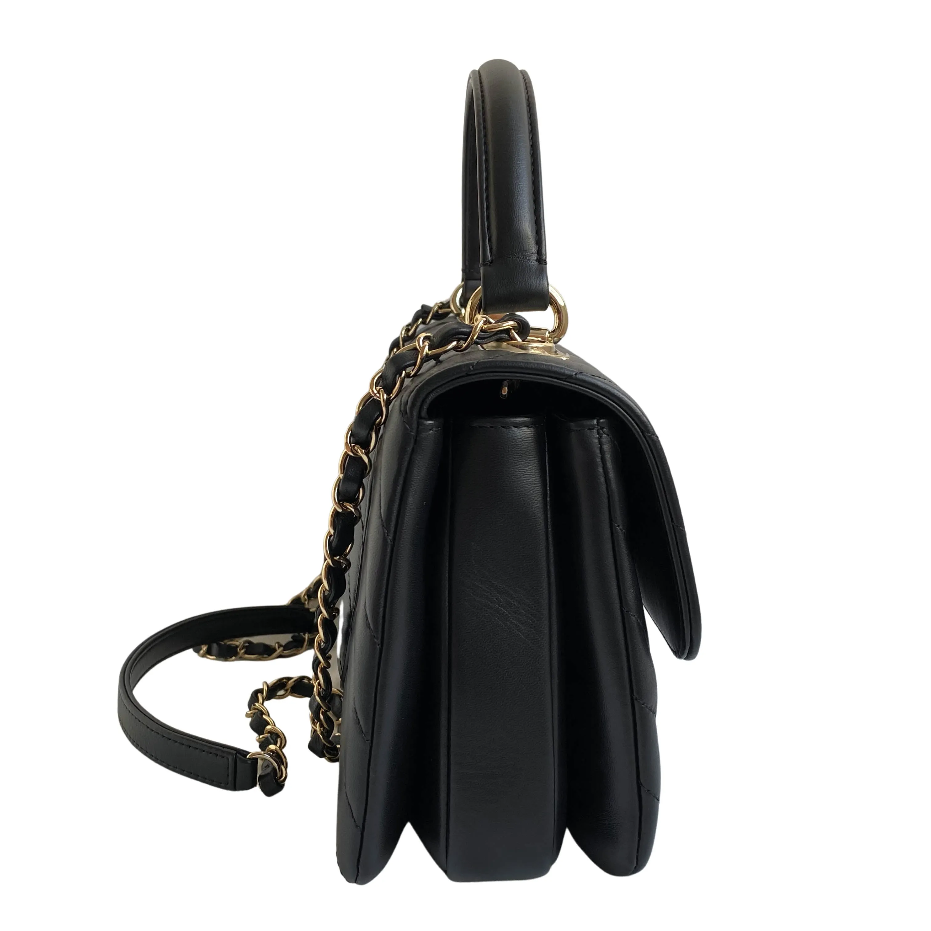 Small Trendy CC Flap Bag with Top Handle in Chevron Black Lambskin