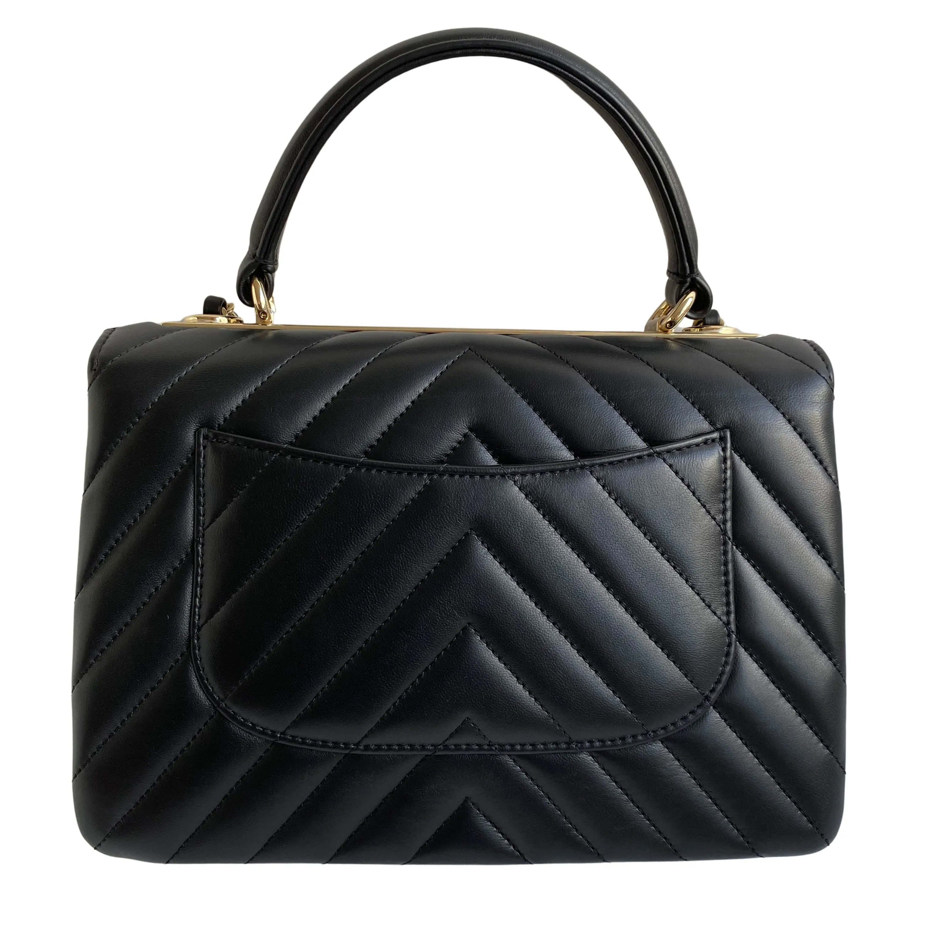 Small Trendy CC Flap Bag with Top Handle in Chevron Black Lambskin