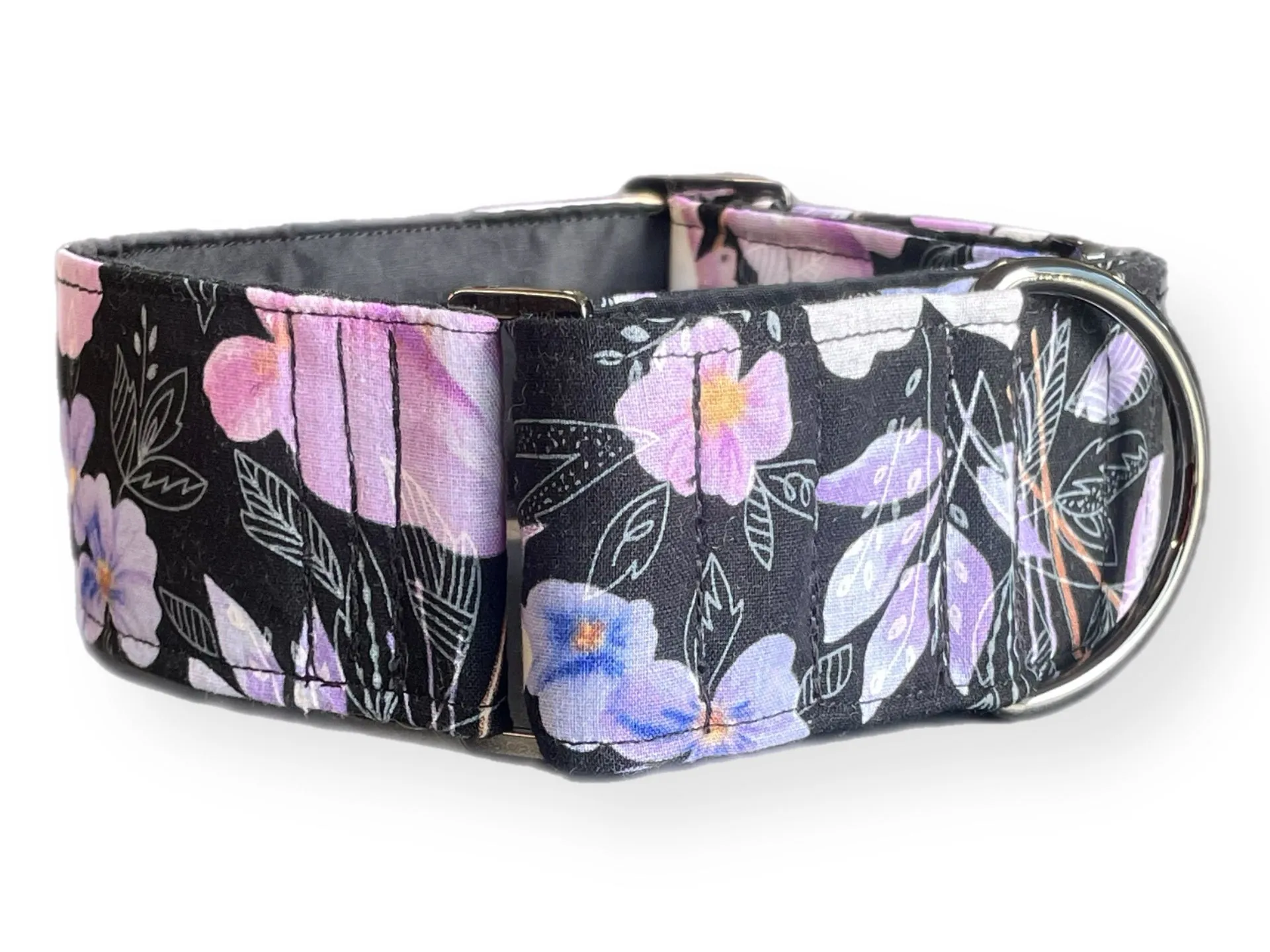 Soft mauve & pink floral on black Martingale collar greyhound 5cms super soft cotton fabric