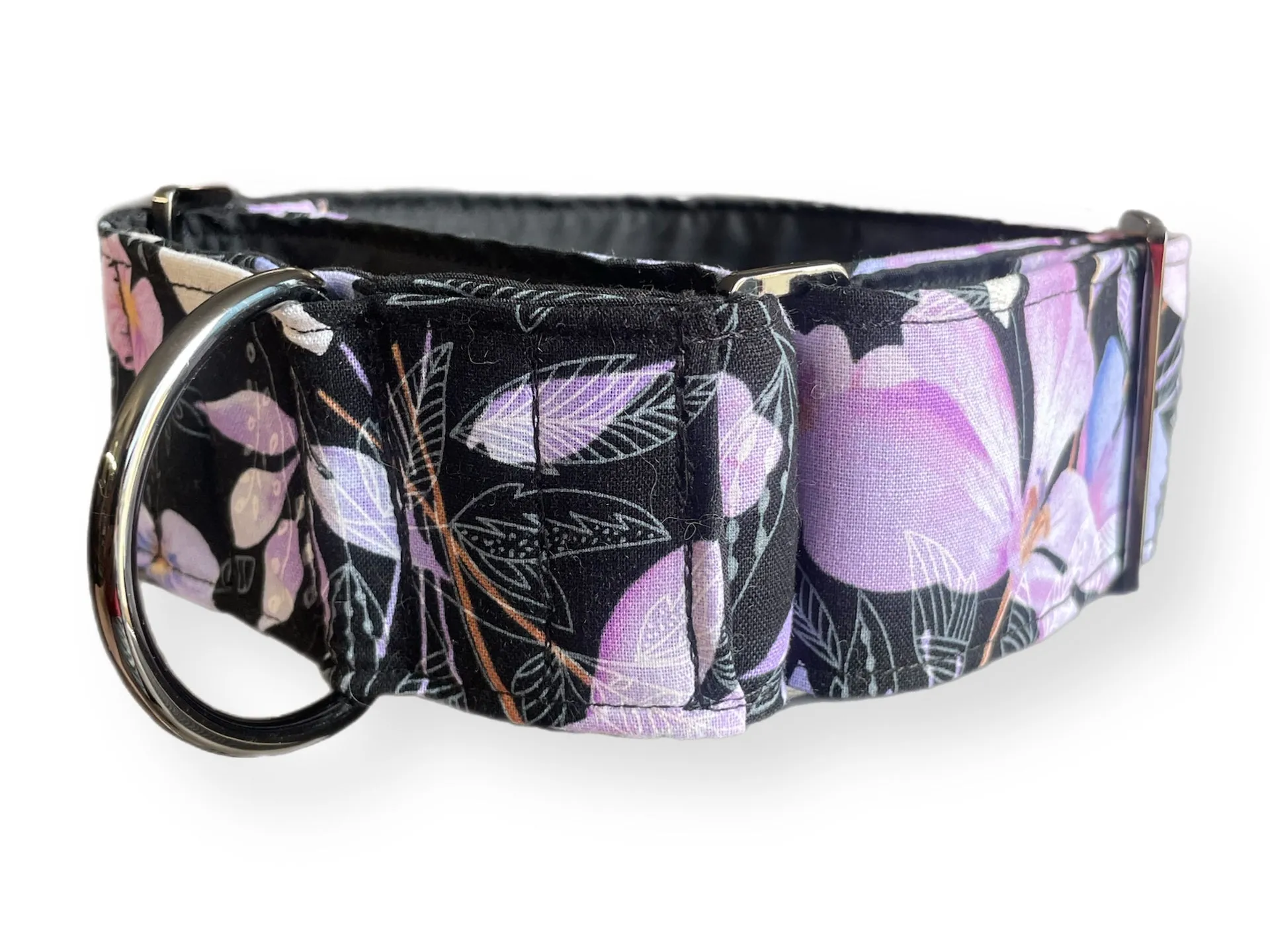 Soft mauve & pink floral on black Martingale collar greyhound 5cms super soft cotton fabric