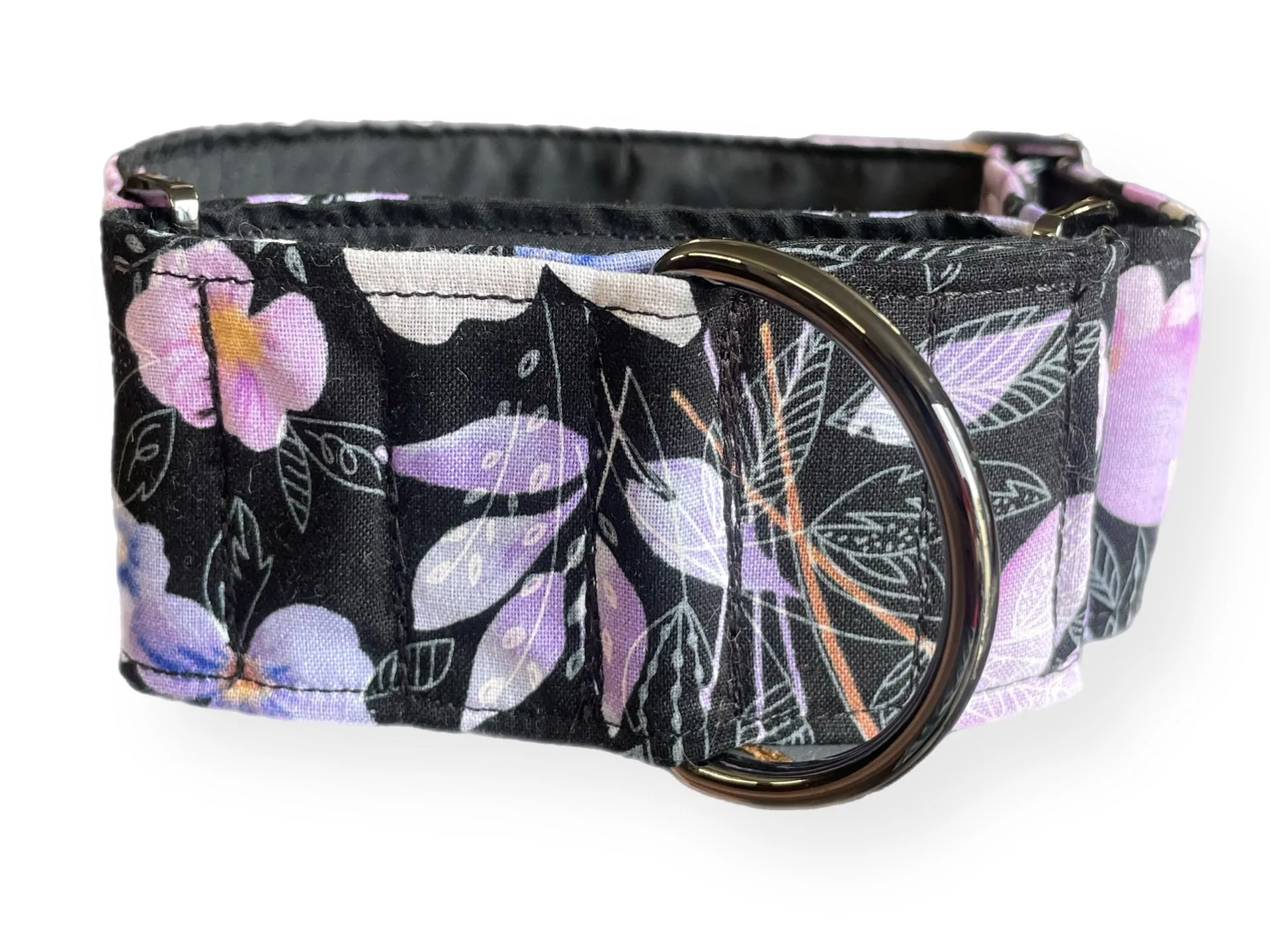 Soft mauve & pink floral on black Martingale collar greyhound 5cms super soft cotton fabric