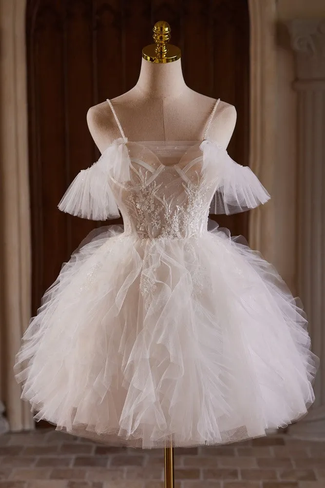 Spaghetti Straps Sweet Ivory Appliques Short Homecoming Dresses