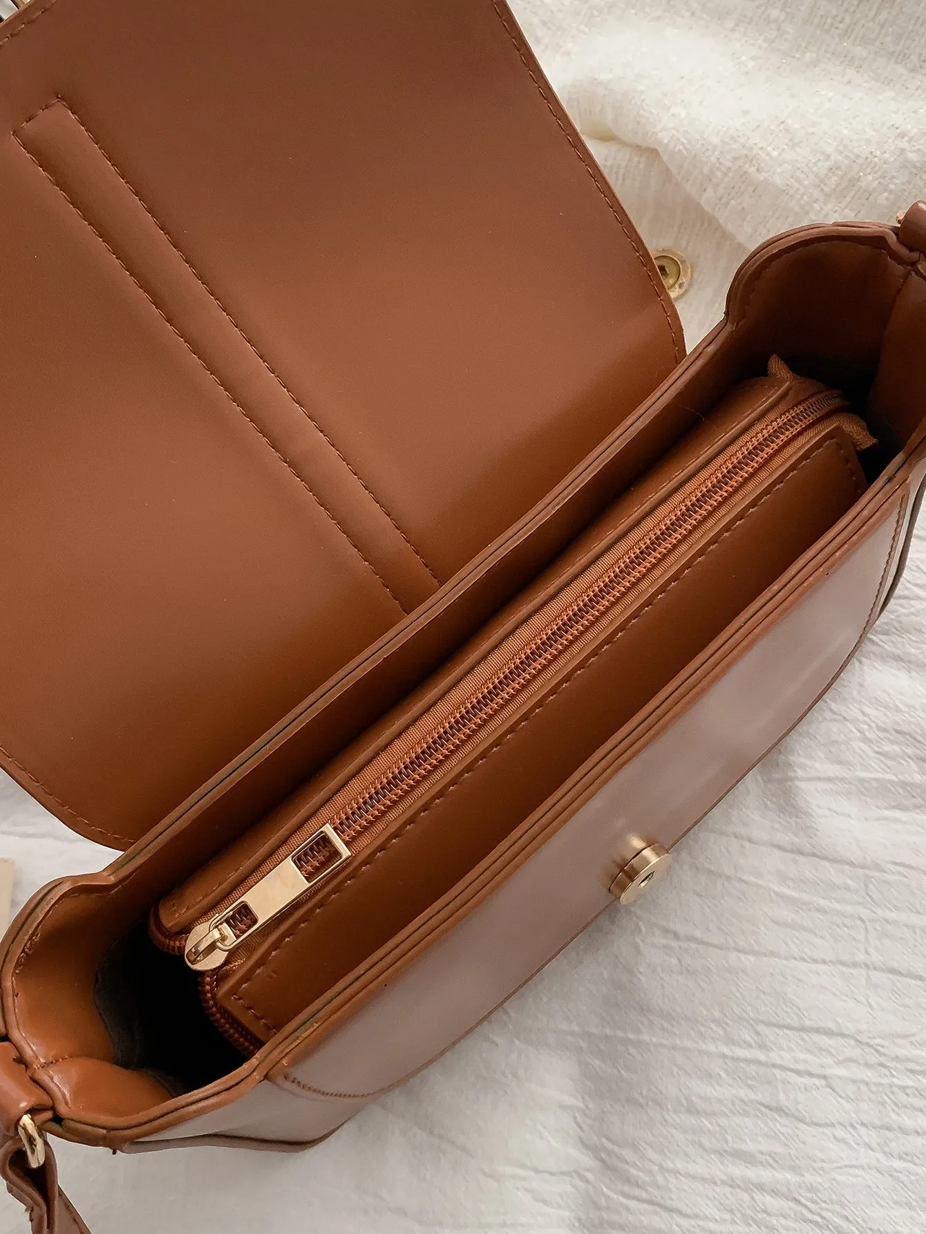 Stitch Detail Flap Square Bag - Brown