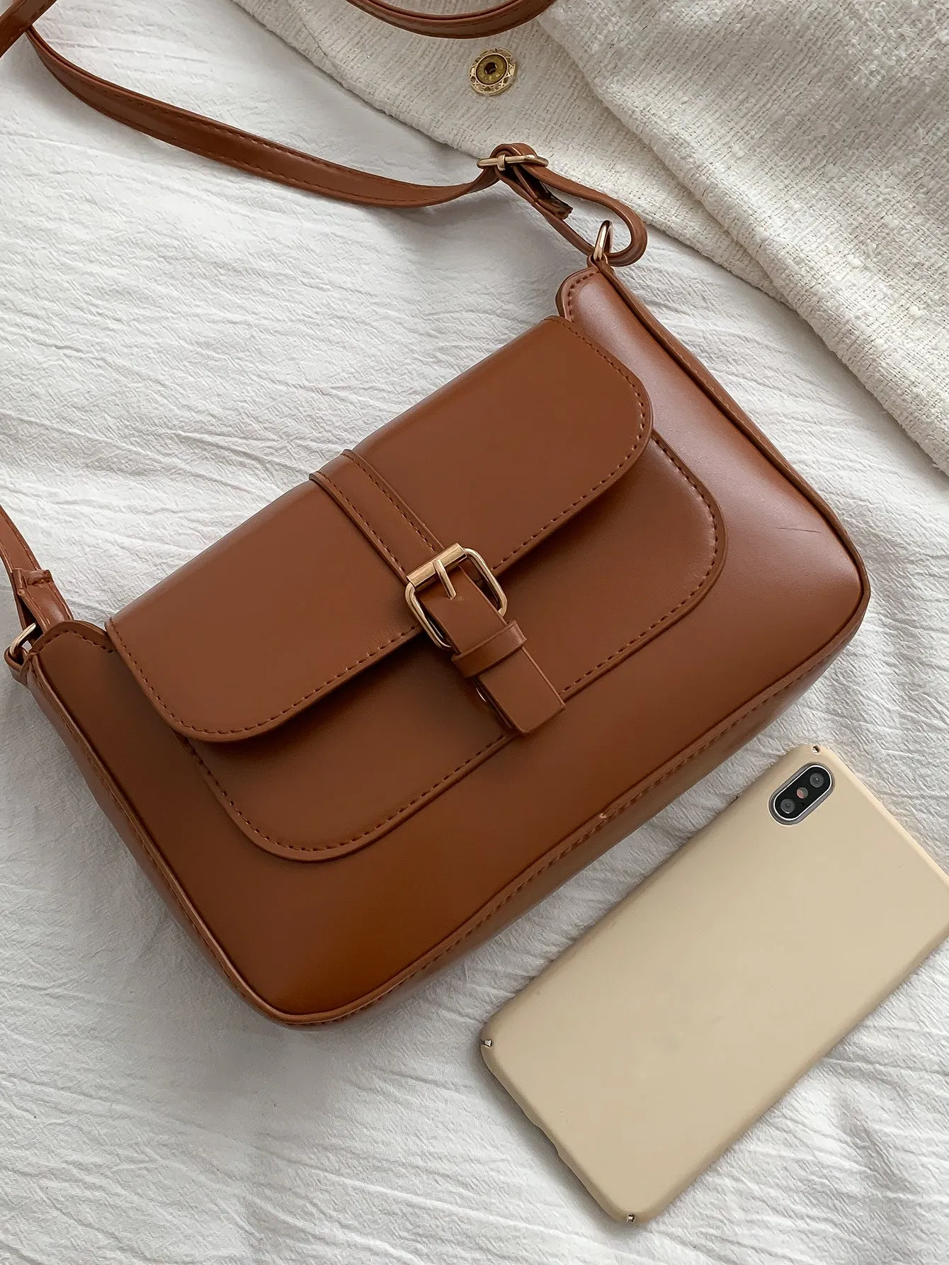 Stitch Detail Flap Square Bag - Brown
