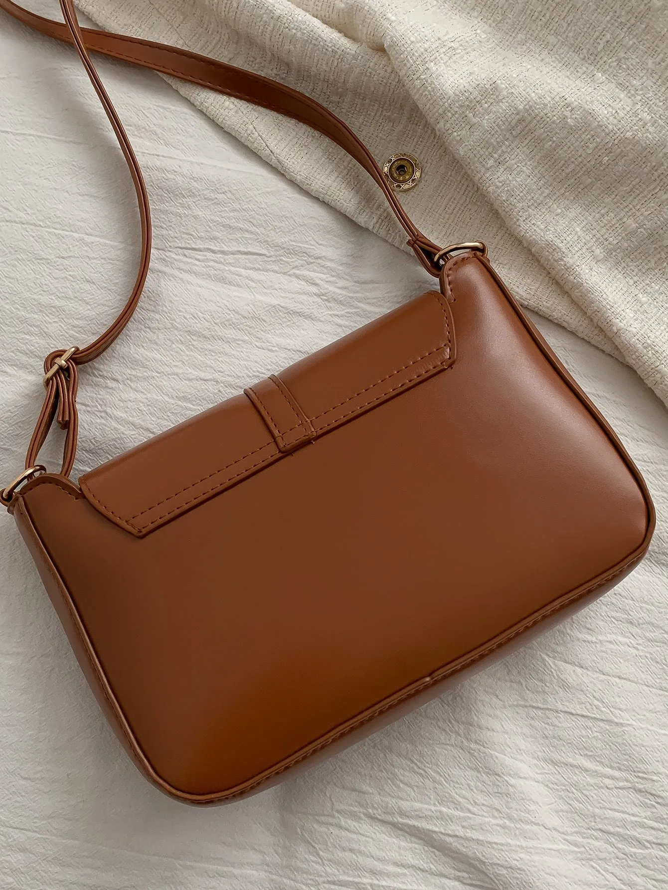 Stitch Detail Flap Square Bag - Brown