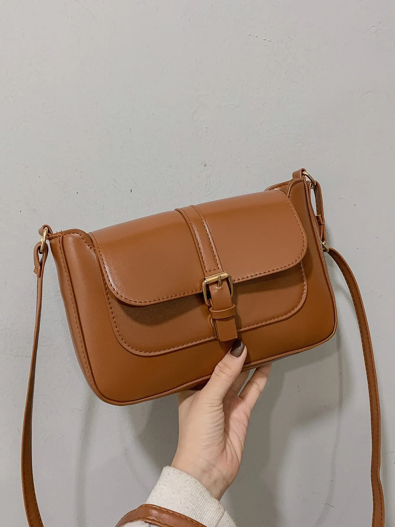Stitch Detail Flap Square Bag - Brown