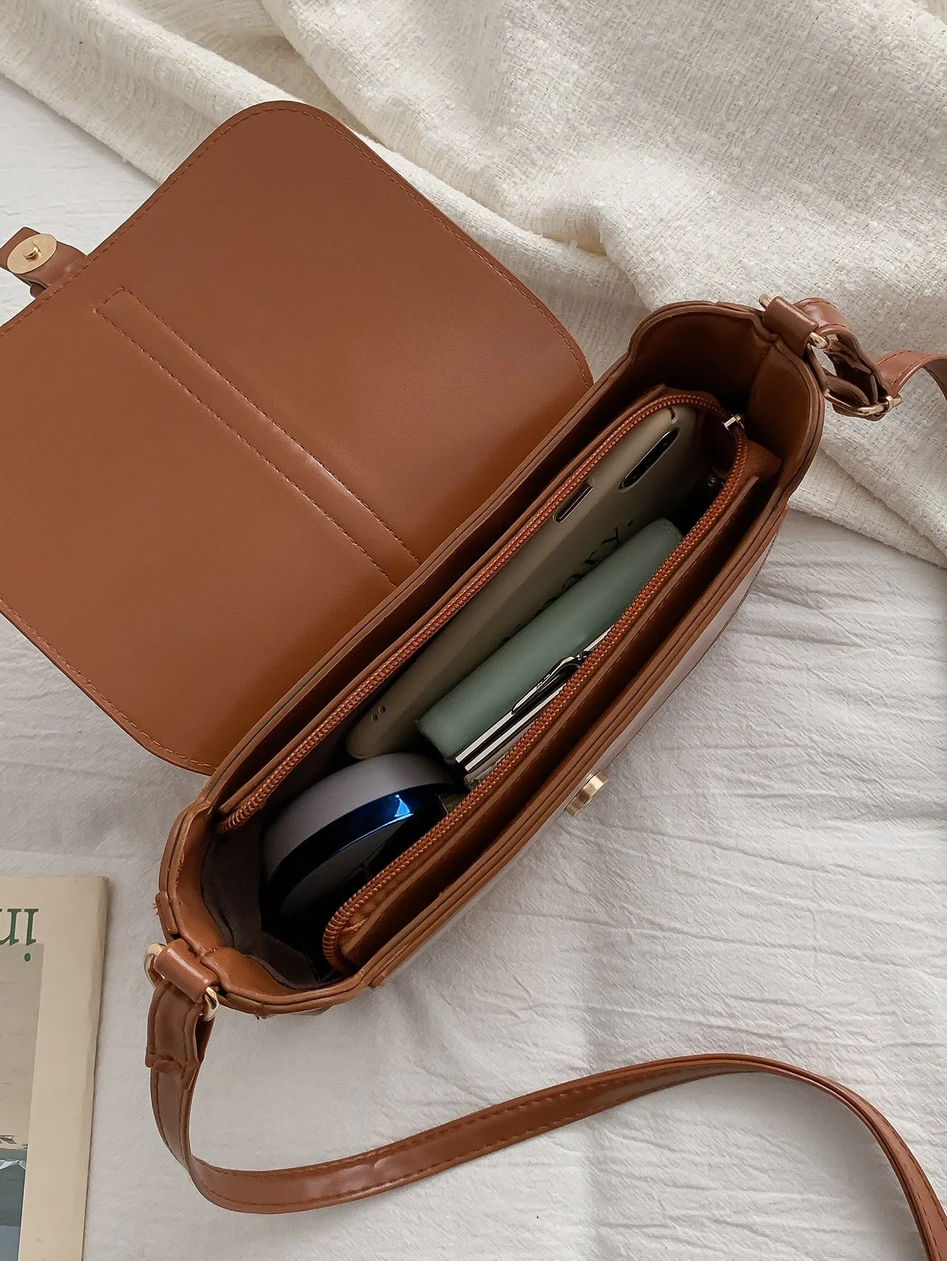 Stitch Detail Flap Square Bag - Brown