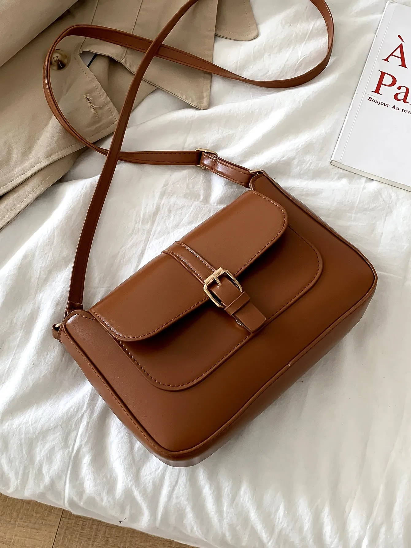 Stitch Detail Flap Square Bag - Brown