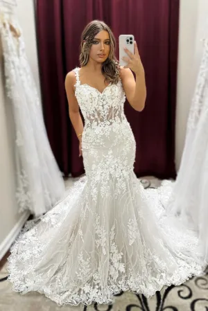 Unique Straps Ivory Lace Appliques Mermaid  Long Wedding Dress